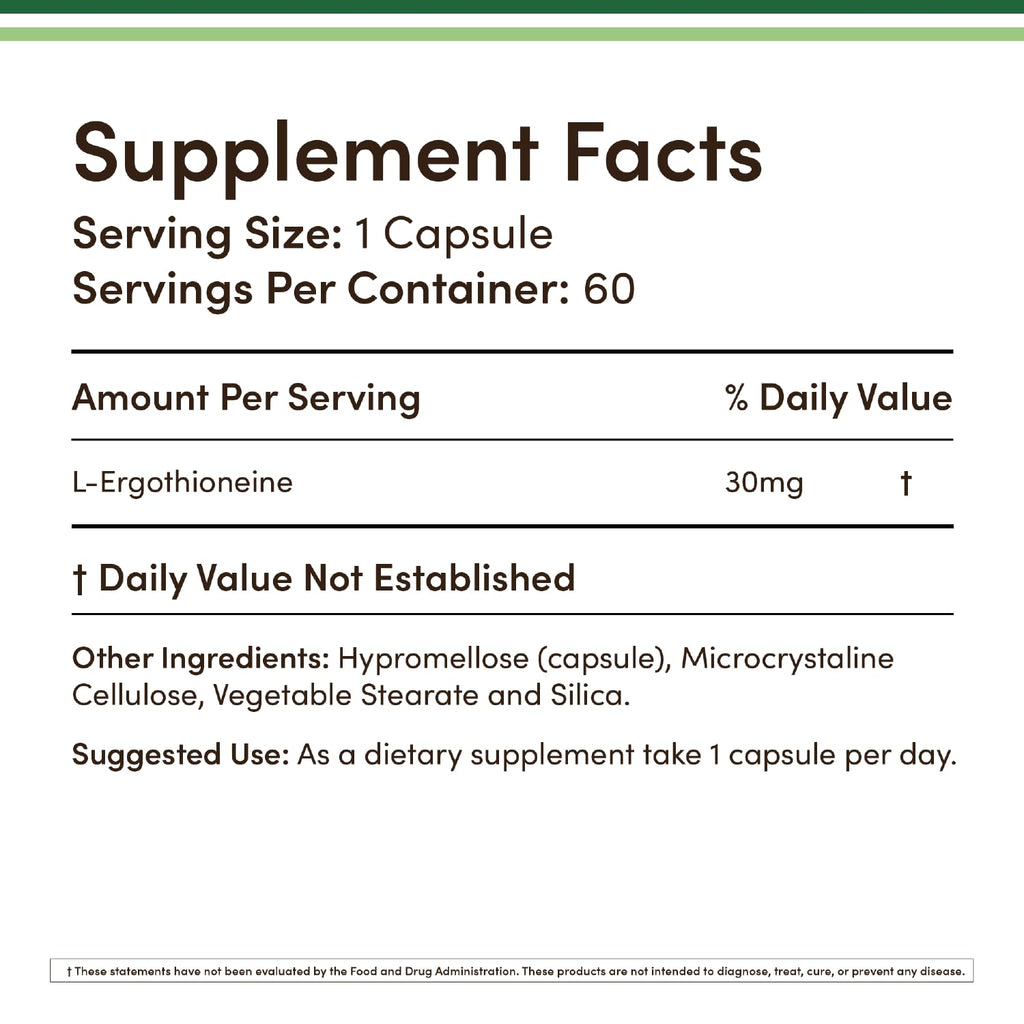 Ergothioneine 30mg – 60 Capsules | Vegan, Gluten Free, Non-GMO | Double Wood