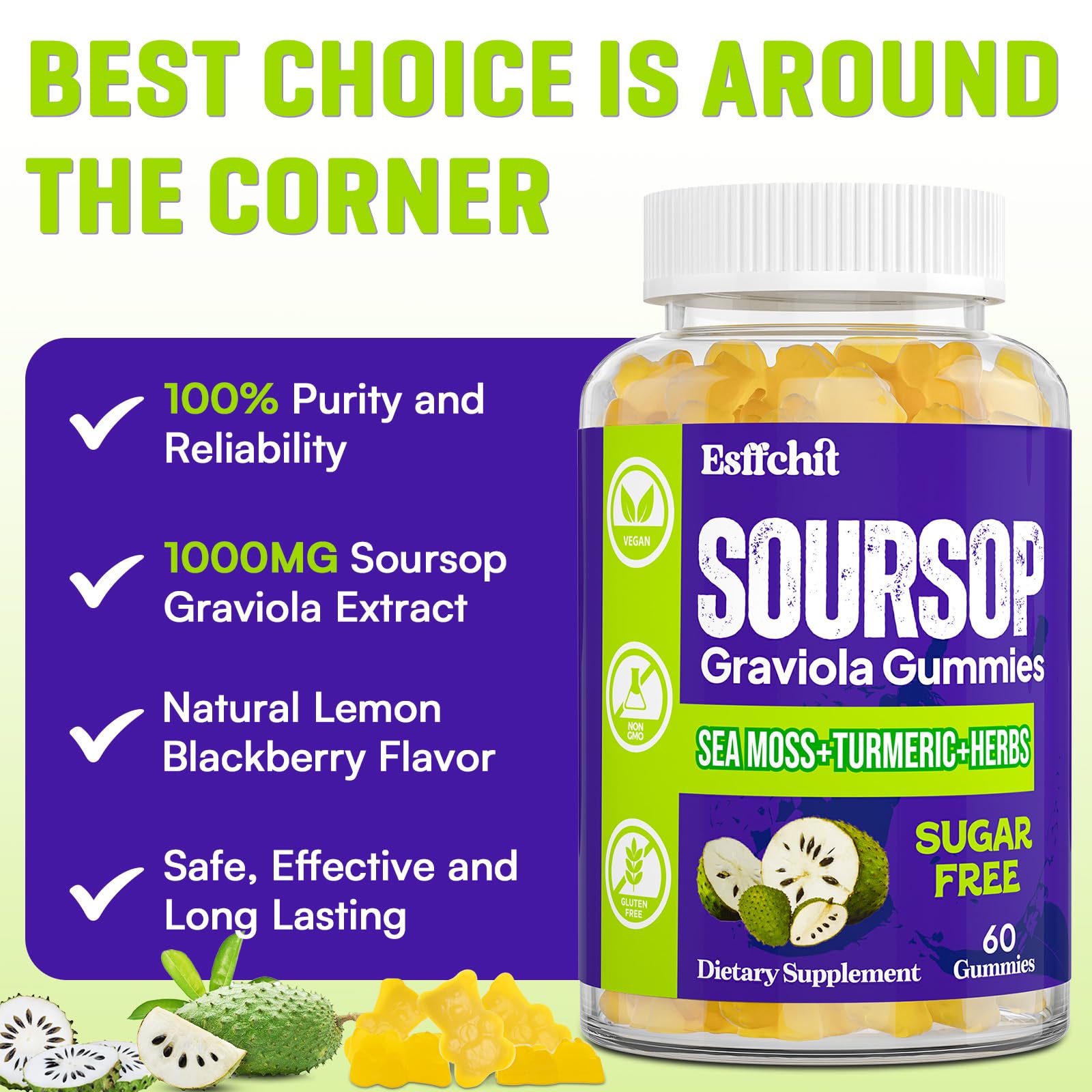 Esffchit Soursop Graviola Gummies with Sea Moss & Turmeric – 60 Count, Vegan