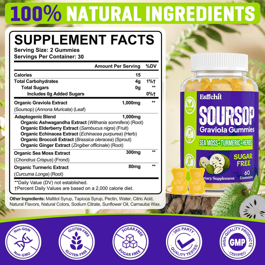Esffchit Soursop Graviola Gummies with Sea Moss & Turmeric – 60 Count, Vegan
