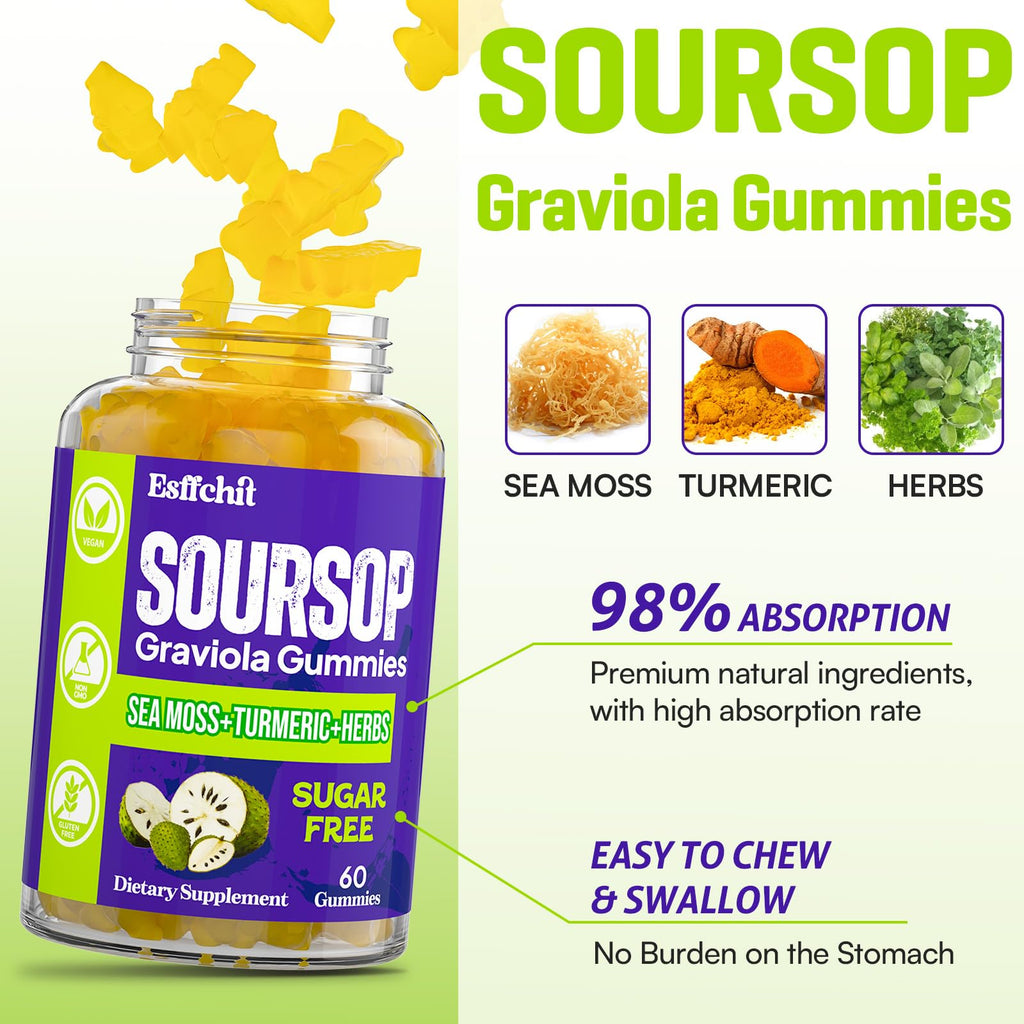 Esffchit Soursop Graviola Gummies with Sea Moss & Turmeric – 60 Count, Vegan