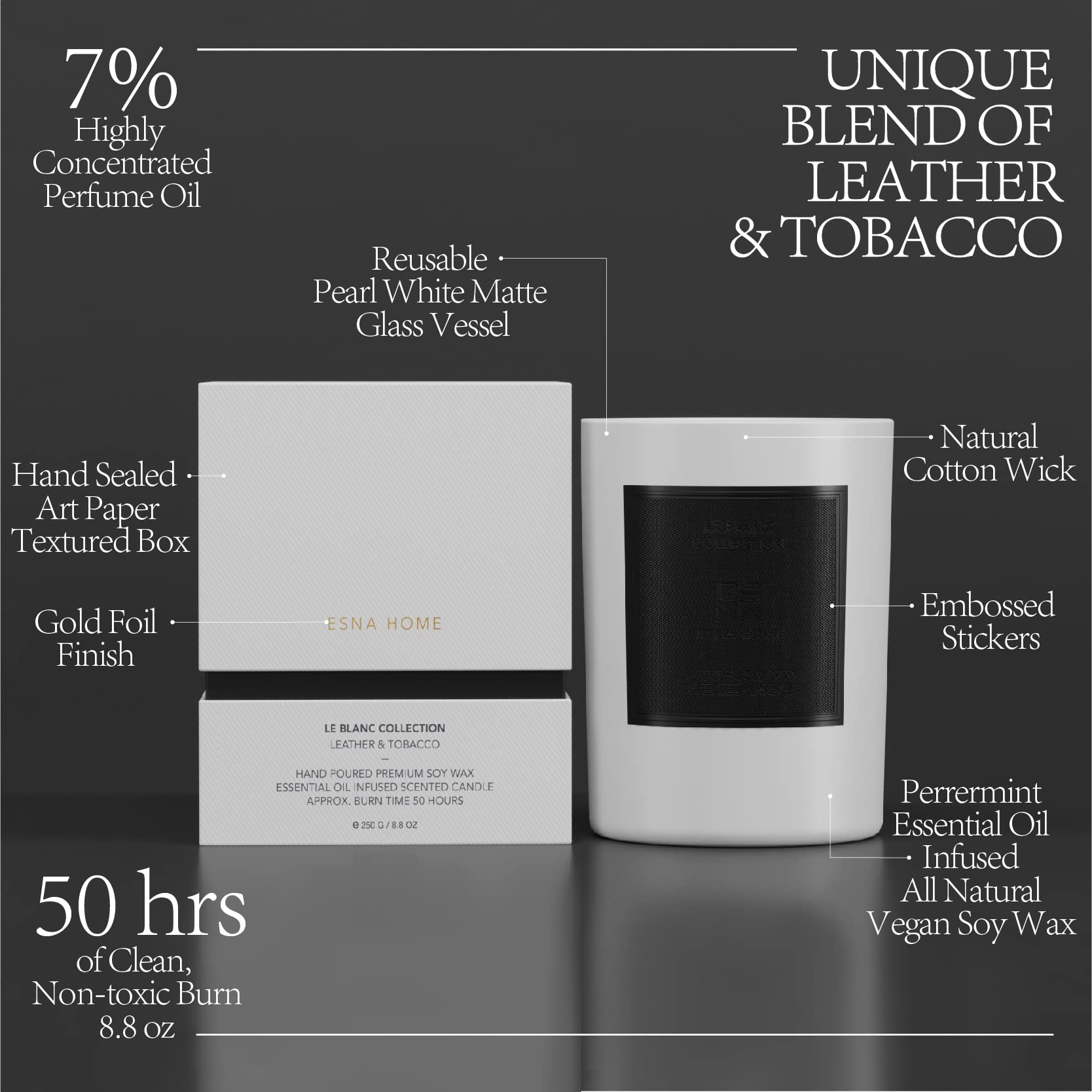 ESNA HOME Lavender Scented Aromatherapy Candle – All-Natural Soy Wax, Leather & Tobac, 8.8oz, 50h Burn