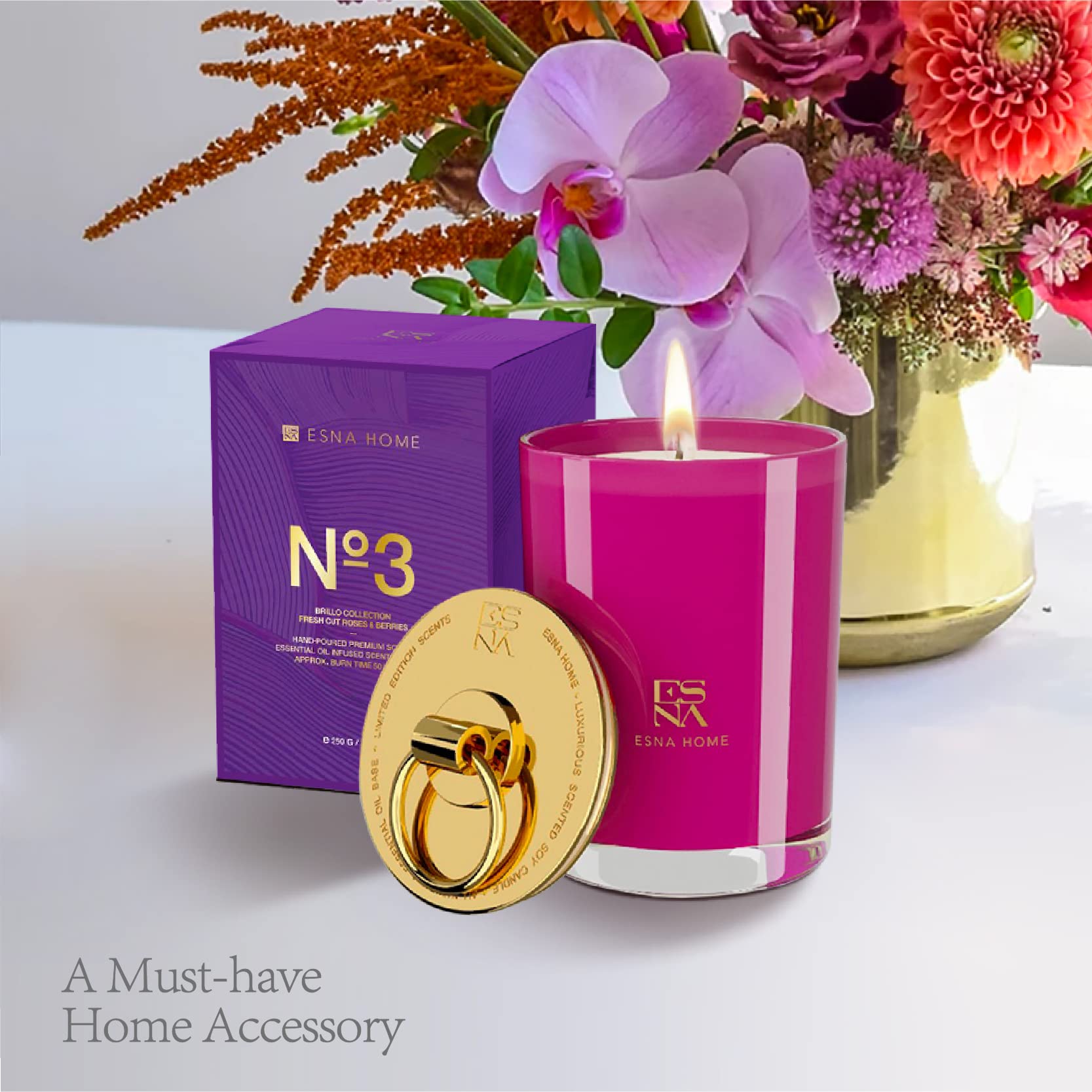 ESNA HOME Lavender Aromatherapy Soy Candle — 50-Hour Burn Time, Gold Lid