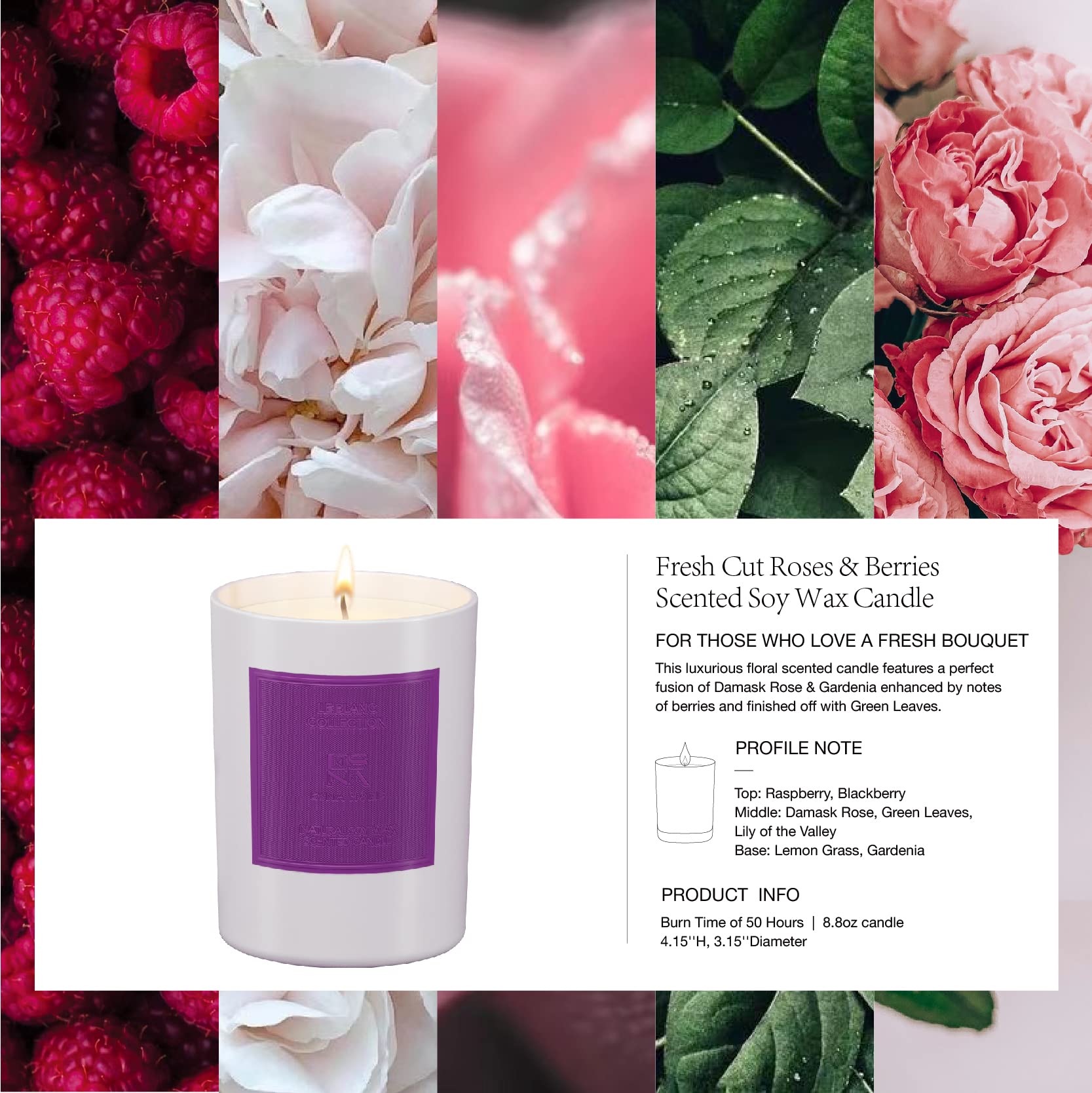 ESNA HOME Aromatherapy Lavender Candle with Roses & Berries | Natural Soy Wax, 50-Hour Burn Time