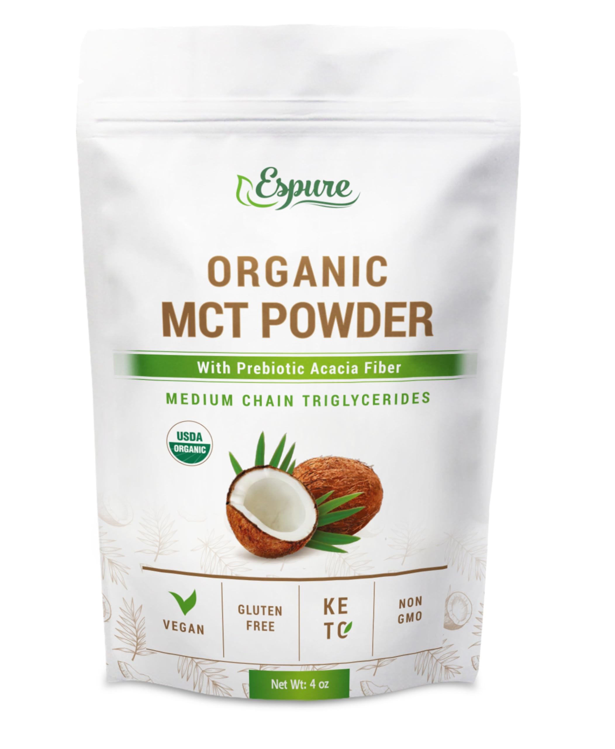 Espure Organic MCT Powder - USDA Certified Organic with Prebiotic Acacia Fiber - 4 oz