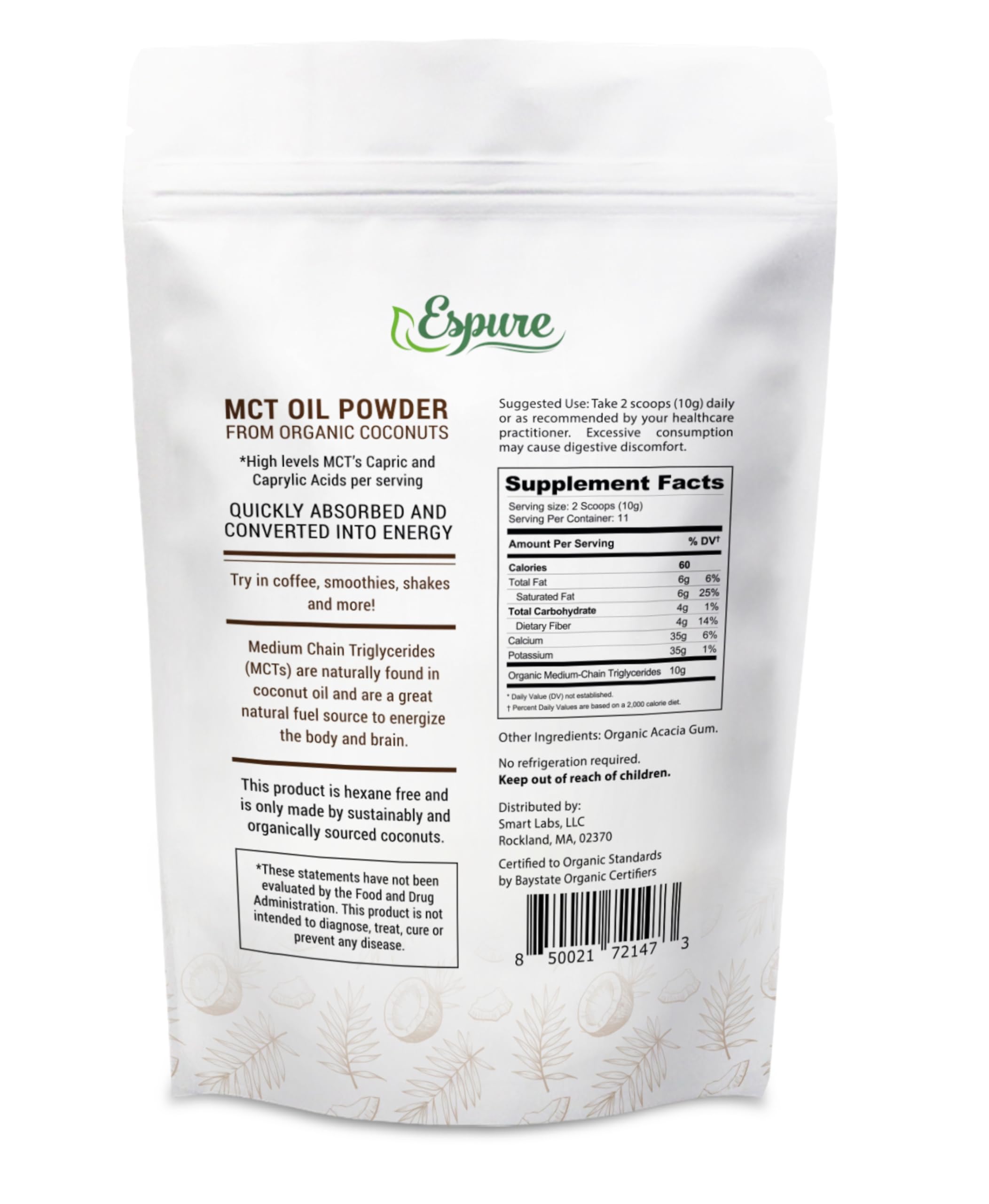 Espure Organic MCT Powder - USDA Certified Organic with Prebiotic Acacia Fiber - 4 oz