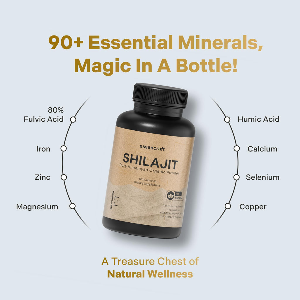 Essencraft Organic Himalayan Shilajit Resin Extract – 1000mg Max Potency, 85+ Minerals, Lab Tested, 2-Month Supply (120 Capsules)