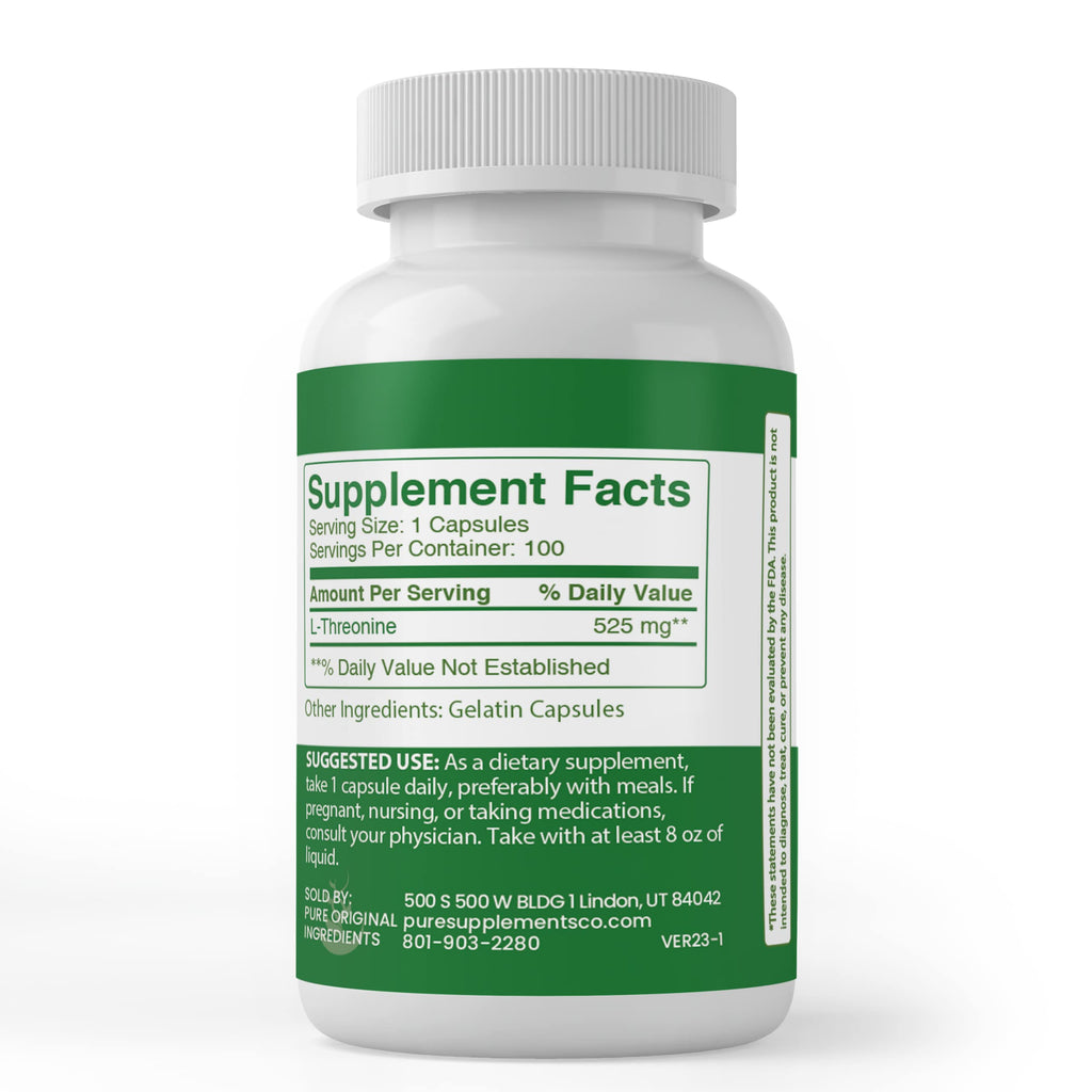 PURE ORIGINAL INGREDIENTS L-Threonine Capsules (100 Capsules) – Always Pure, No Additives, Lab Verified