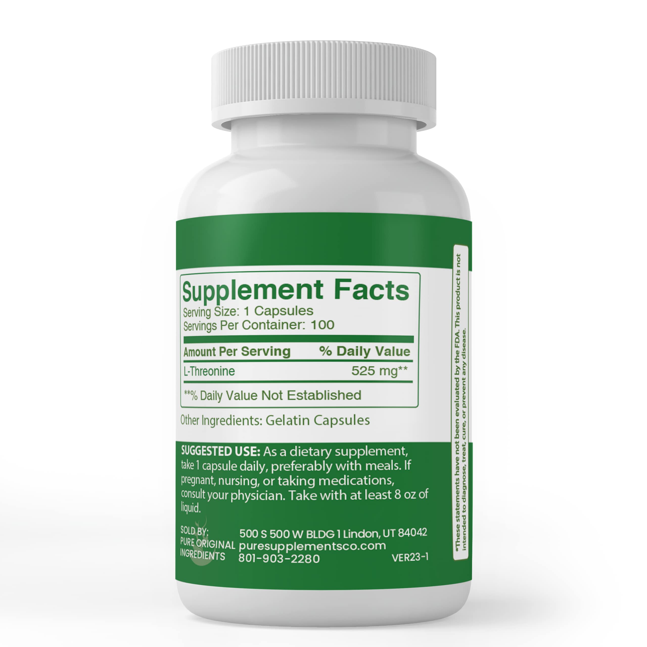 PURE ORIGINAL INGREDIENTS L-Threonine Capsules (100 Capsules) – Always Pure, No Additives, Lab Verified