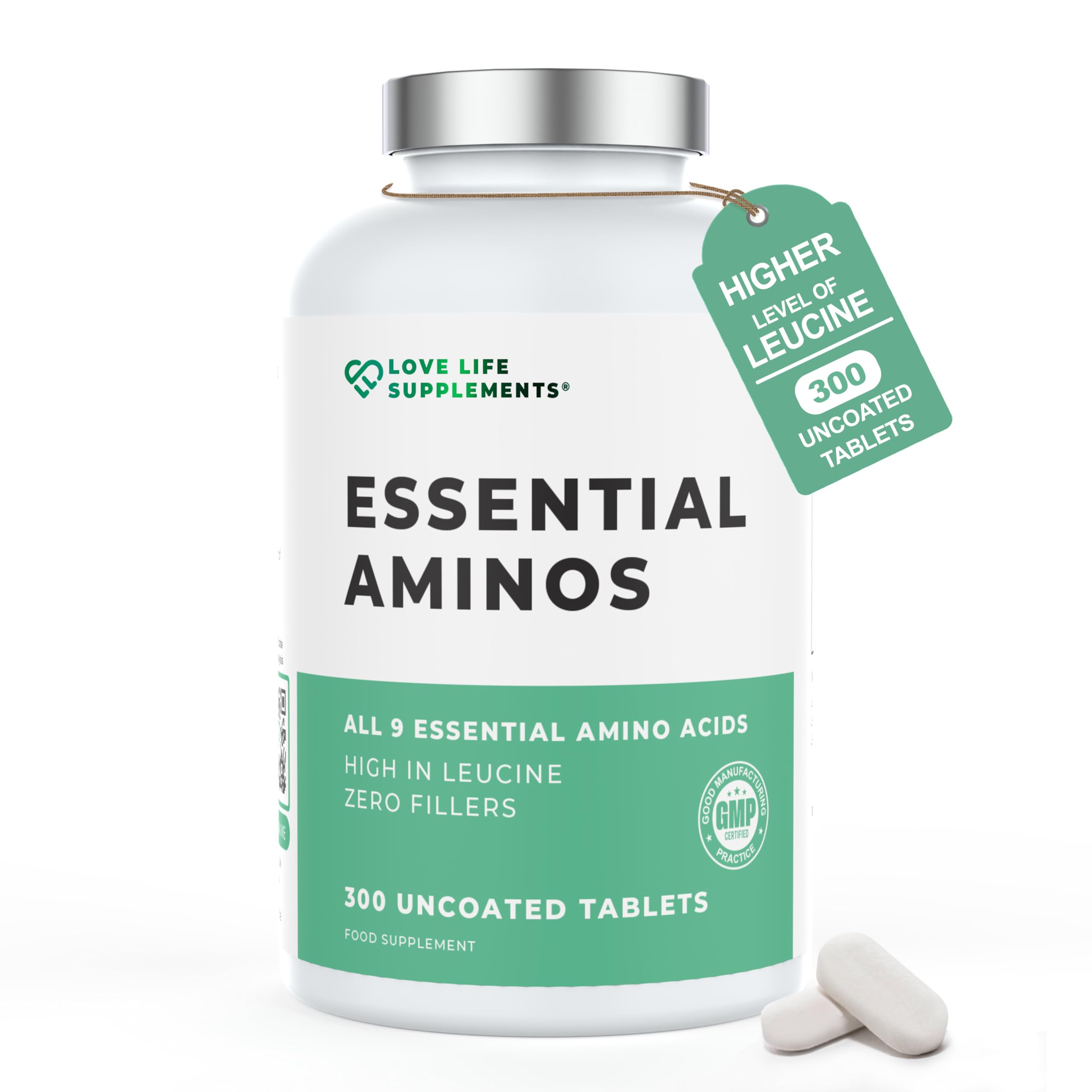 Essential Amino Acids - 300 Tablets / 60 Servings - 9 EAAs + 3 BCAAs - Vegan, 5g per Serving
