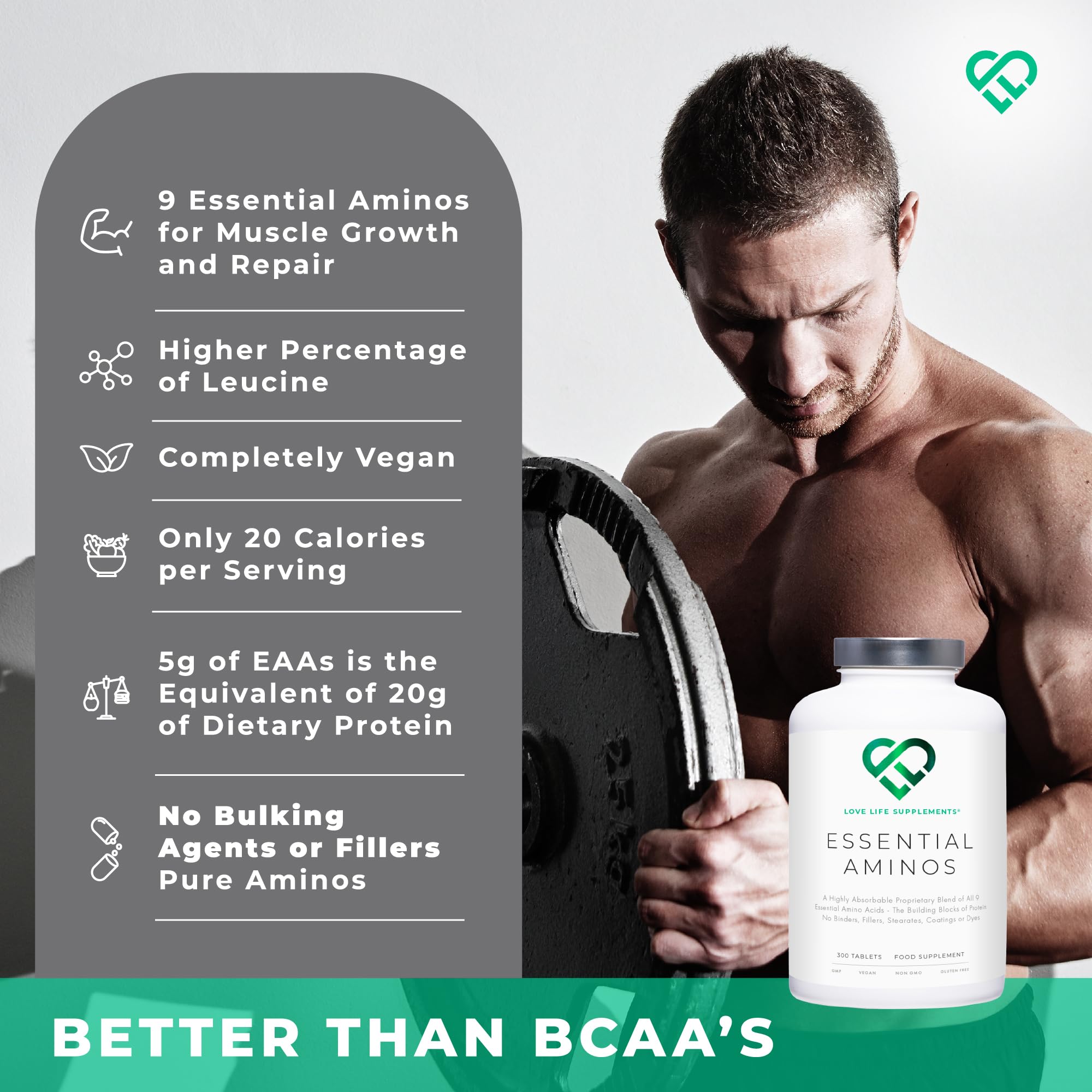 Essential Amino Acids - 300 Tablets / 60 Servings - 9 EAAs + 3 BCAAs - Vegan, 5g per Serving