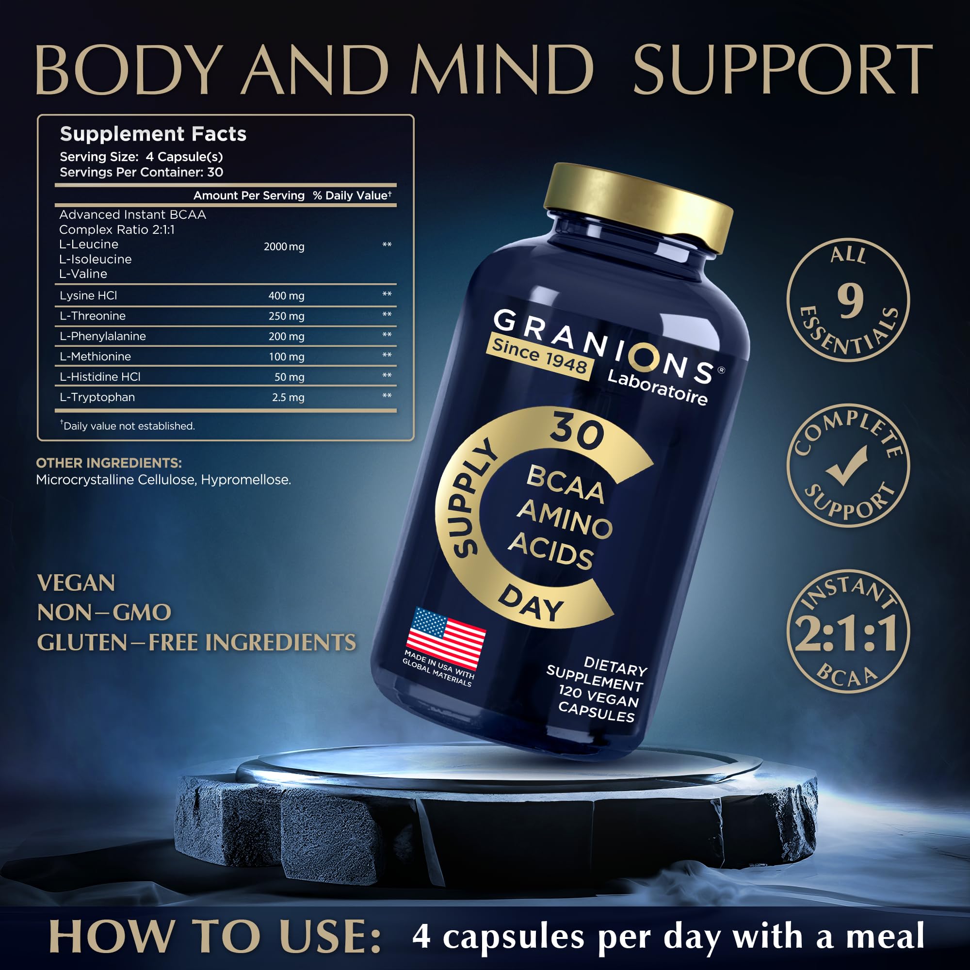 Essential Amino Acids Supplement for Men & Women | All 9 EAAs & BCAAs – 120 Vegan Capsules