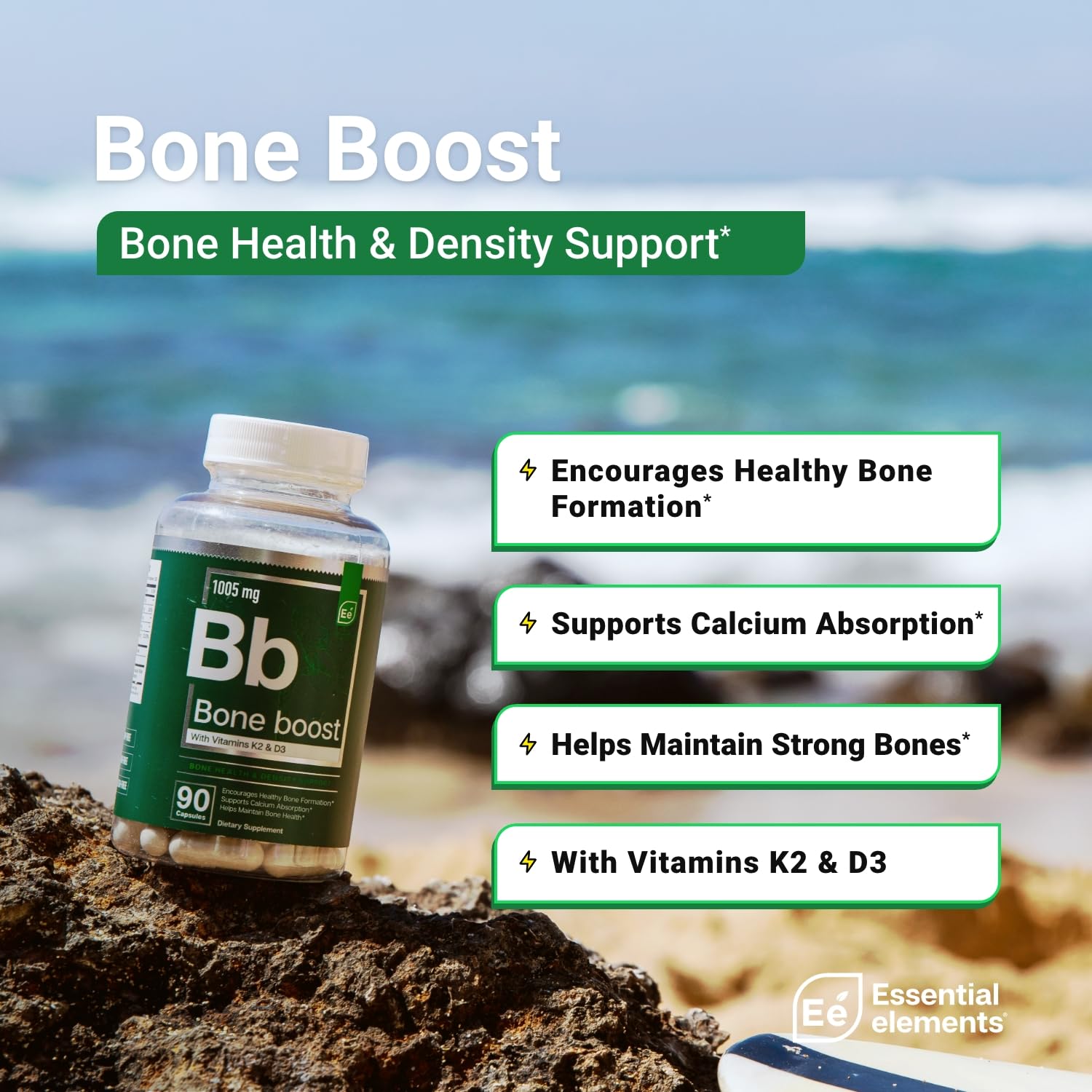 Essential Elements Bone Boost Health Supplement – Calcium, Vitamin D3, K2, Cissus Quadrangularis | 270 Capsules (90 Day Supply) (3-Pack)