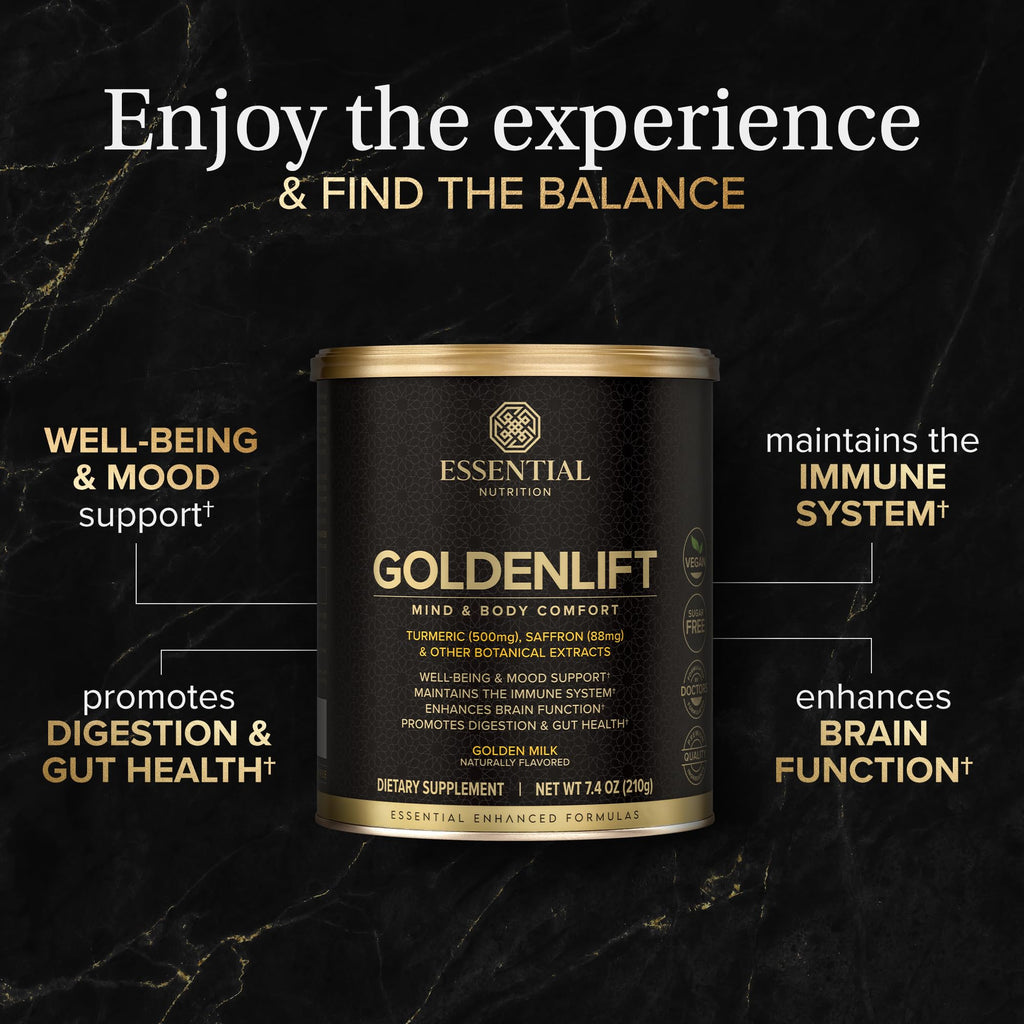 Essential Nutrition Golden Lift - Golden Milk Powder (Vegan) 7.4 oz | Turmeric, Saffron & Spices