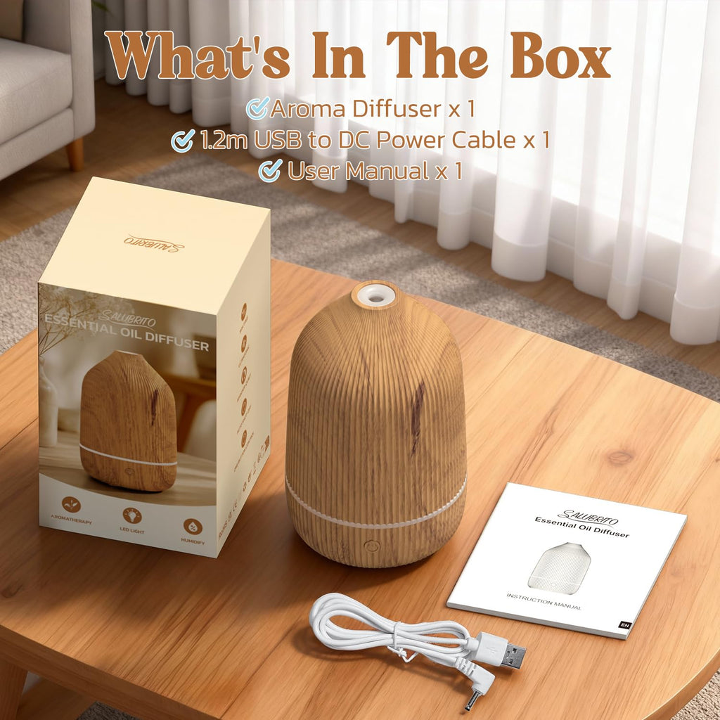 Essential Oil Diffuser 100ml – Mini Ultrasonic Aromatherapy with Auto Shut-Off & 7 LED Lights (Wood Grain)