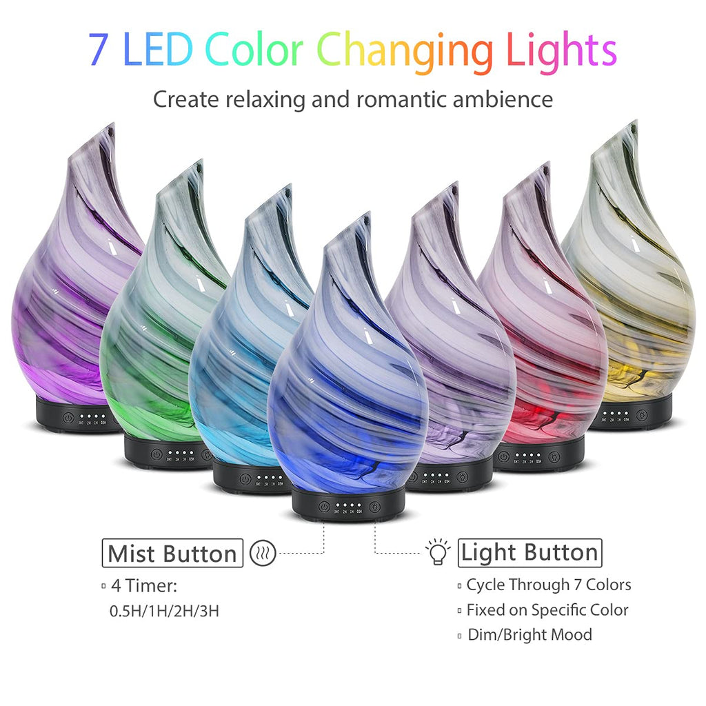 Essential Oil Diffuser 120ml Ultrasonic | Glass BPA-Free, Auto-Off, 4 Timers, 7 LED Colors