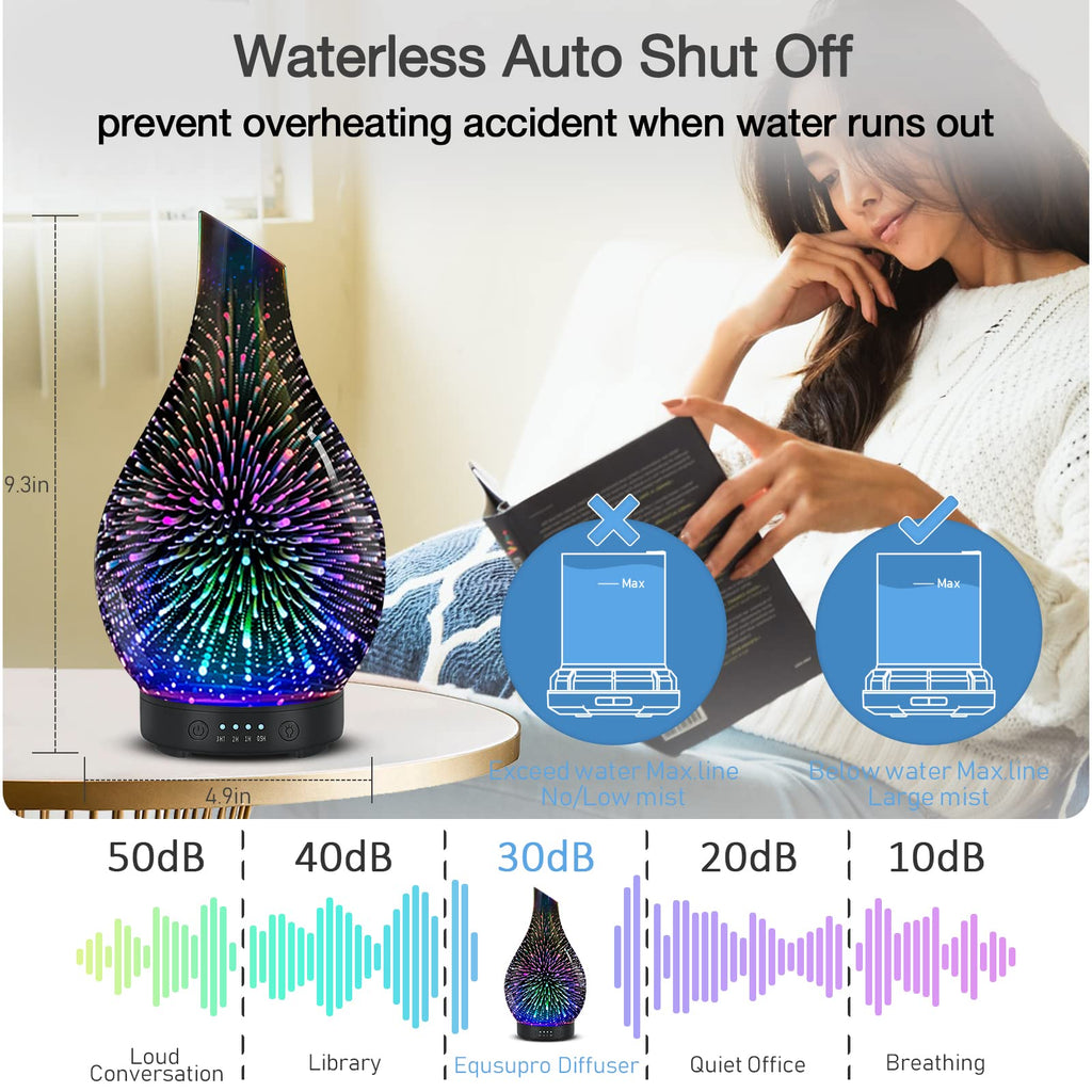 Essential Oil Diffuser 120 ml Glass Ultrasonic | Auto Shut-Off, 4 Timers, 7-Color Night Light - Silver