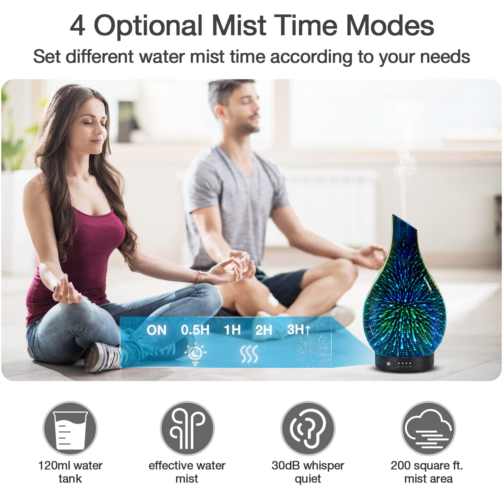 Essential Oil Diffuser 120 ml Glass Ultrasonic | Auto Shut-Off, 4 Timers, 7-Color Night Light - Silver