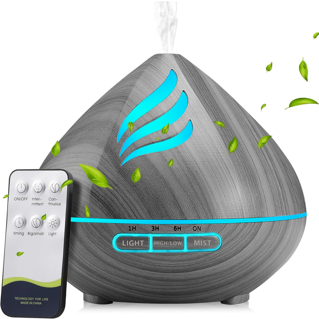 Essential Oil Diffuser 500ML with Remote - 14 LED Colors - Waterless Auto-Off - Dark Grey