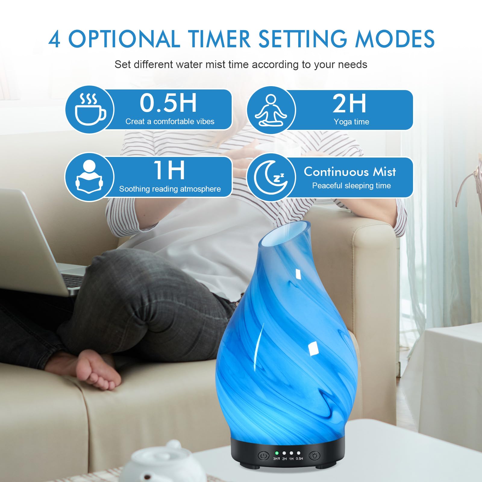 Essential Oil Diffuser for Home – Glass Aromatherapy Diffuser, 4 Timers, 120ML