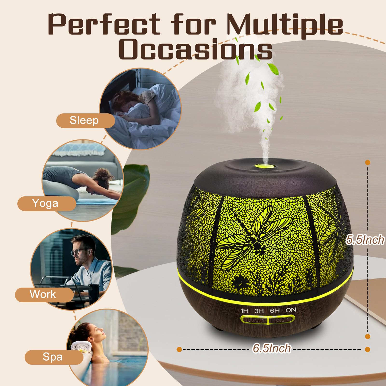 Essential Oil Diffuser 400ml for Bedroom - Remote, Auto Off, 7 Color Lights