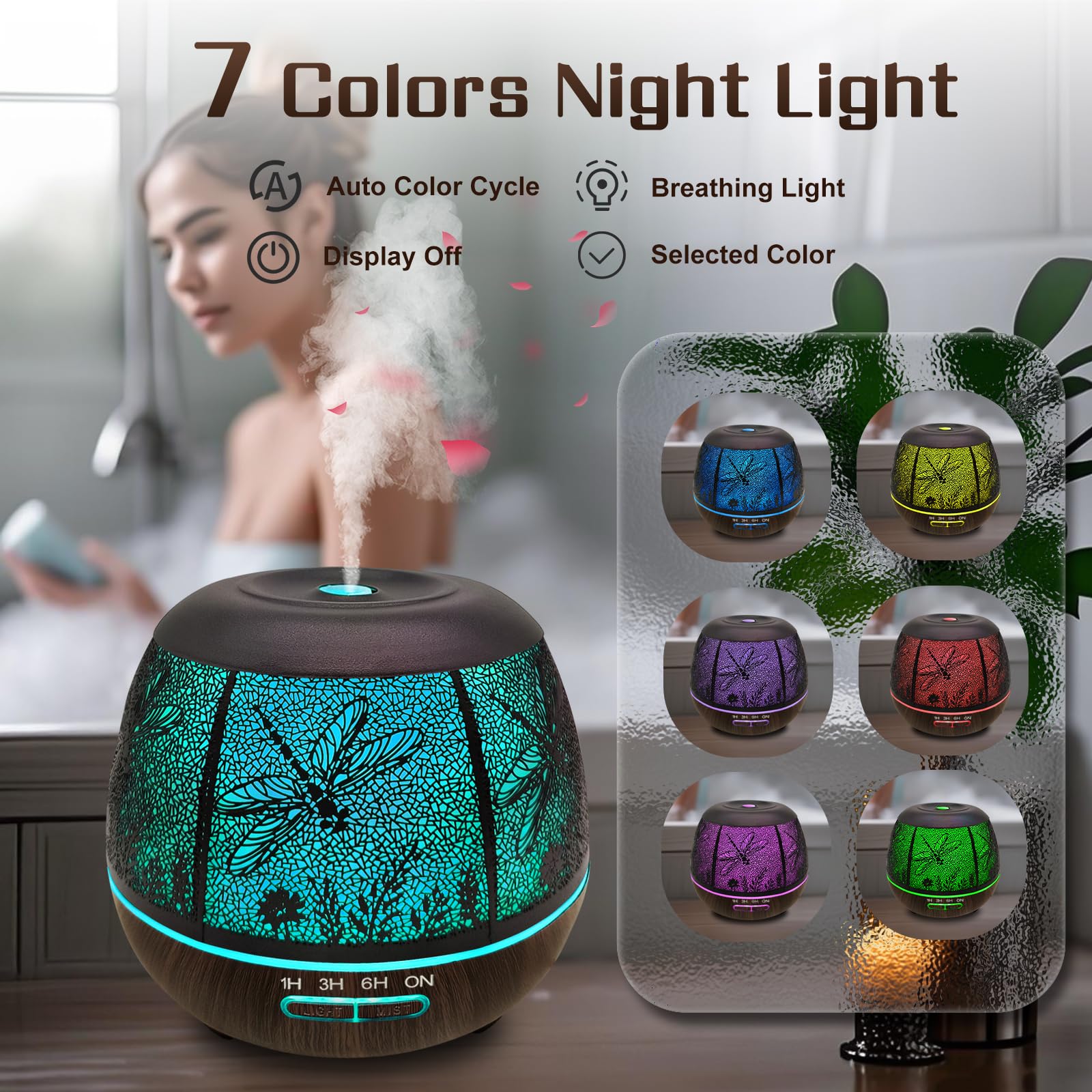 Essential Oil Diffuser 400ml for Bedroom - Remote, Auto Off, 7 Color Lights