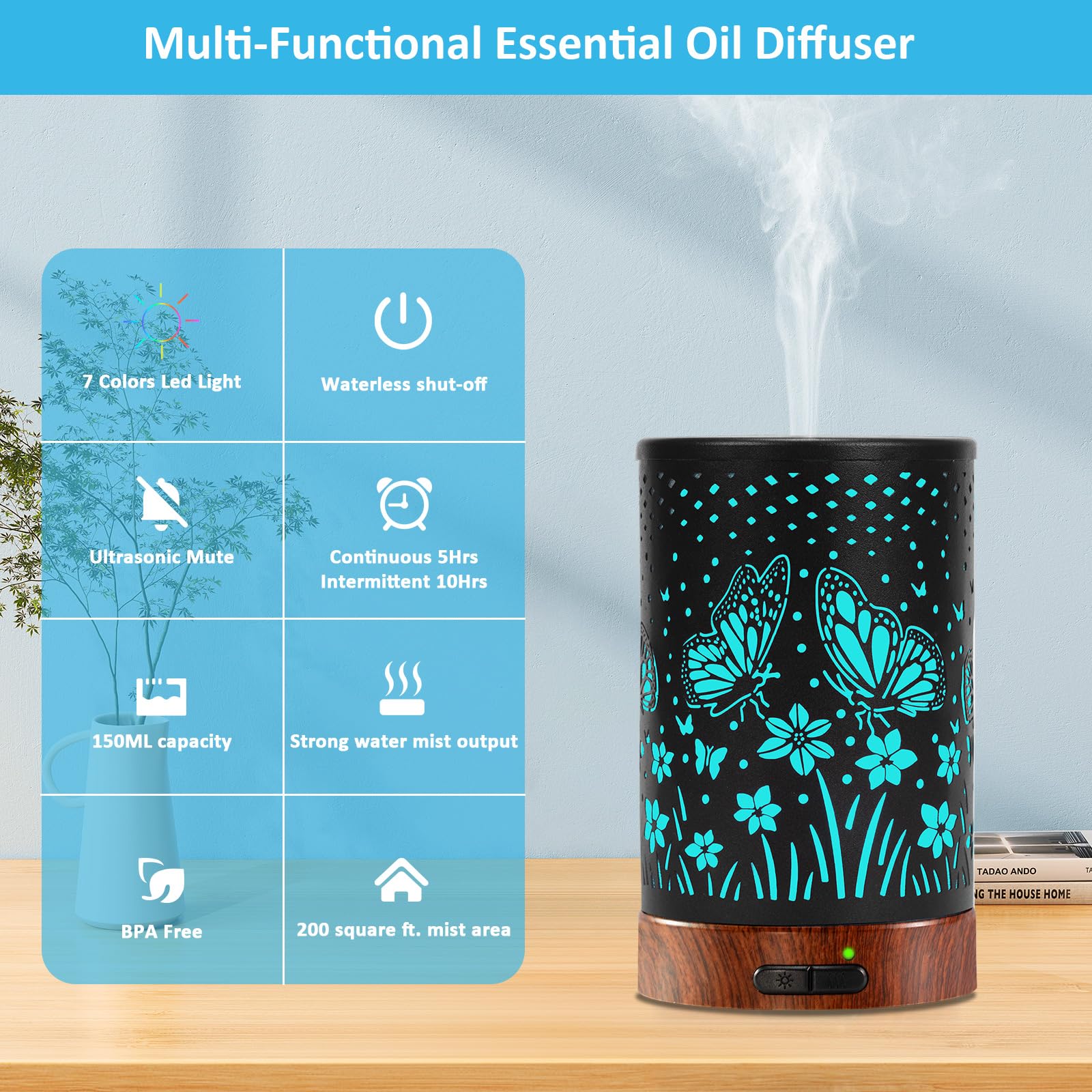 Essential Oil Diffuser 150ml – Auto Shut-Off, 7-Color LED, Ultrasonic Mist