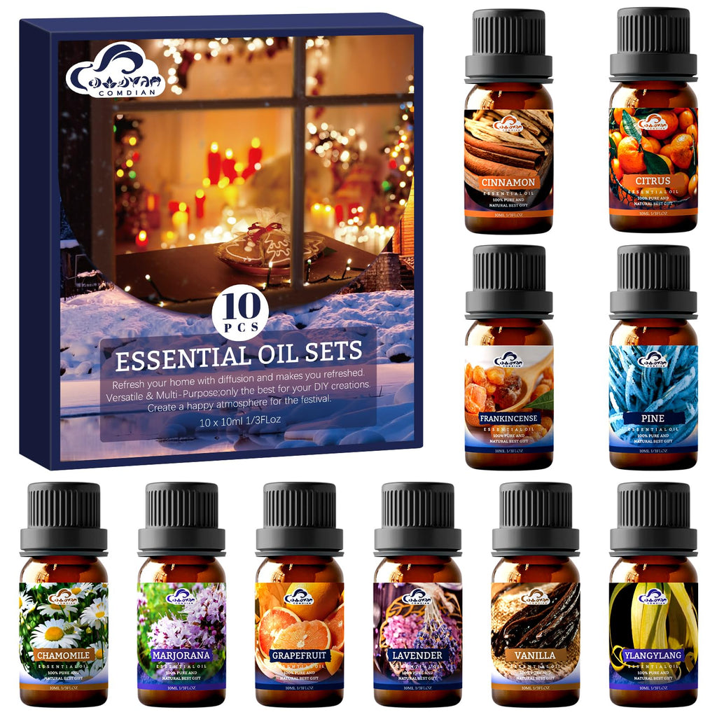 Essential Oil Set – 10 Pcs Diffuser Oils for Home & Aromatherapy | Frankincense, Lavender, Vanilla, Cinnamon, Chamomile