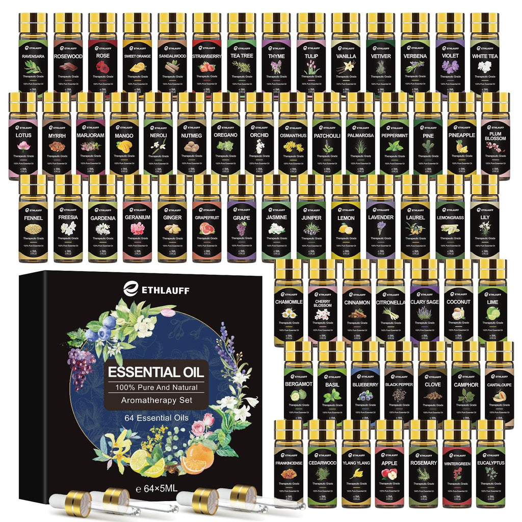 Essential Oil Set 64 Pack - Aromatherapy Oils Kit (0.17oz) for Diffusers & More