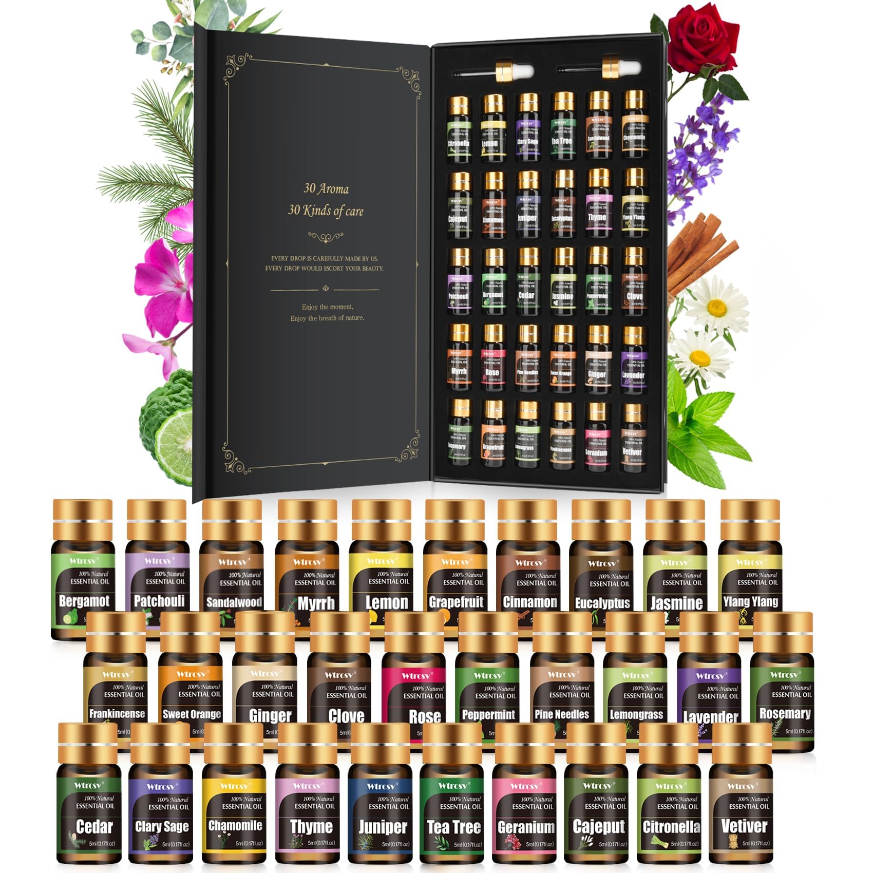 Essential Oils Set - Diffuser & Aromatherapy Kit (30x5 ml) | Skin & Hair Care