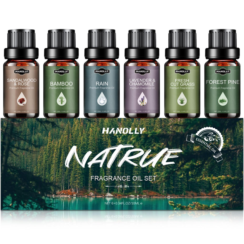 Essential Oils Set – Nature Scents Aromatherapy Kit (6x10ml) Sandalwood & Rose, Bamboo, Rain, Lavender & Chamomile, Fresh Cut Grass, Forest Pine