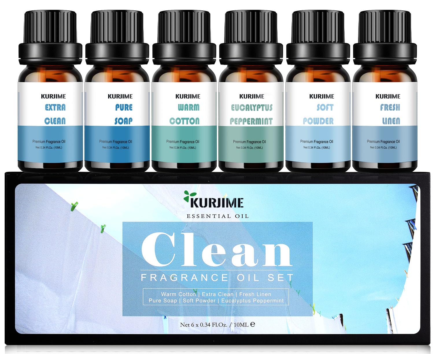 Essential Oils Set - Clean Scents for Diffuser & Aromatherapy (6x10ml): Fresh Linen, Eucalyptus Peppermint