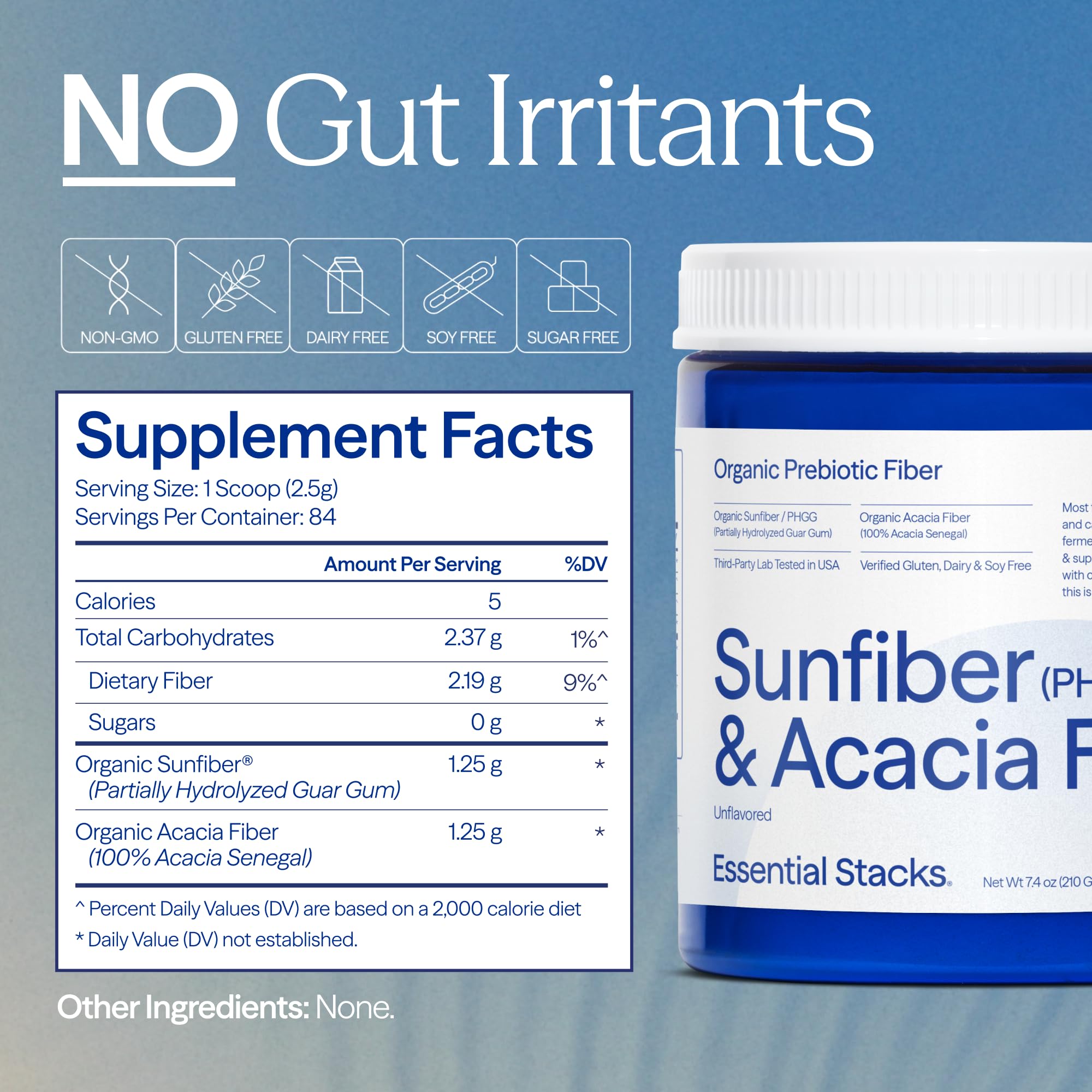 Essential Stacks Organic Sunfiber PHGG and Acacia Prebiotic Fiber 7.4 oz