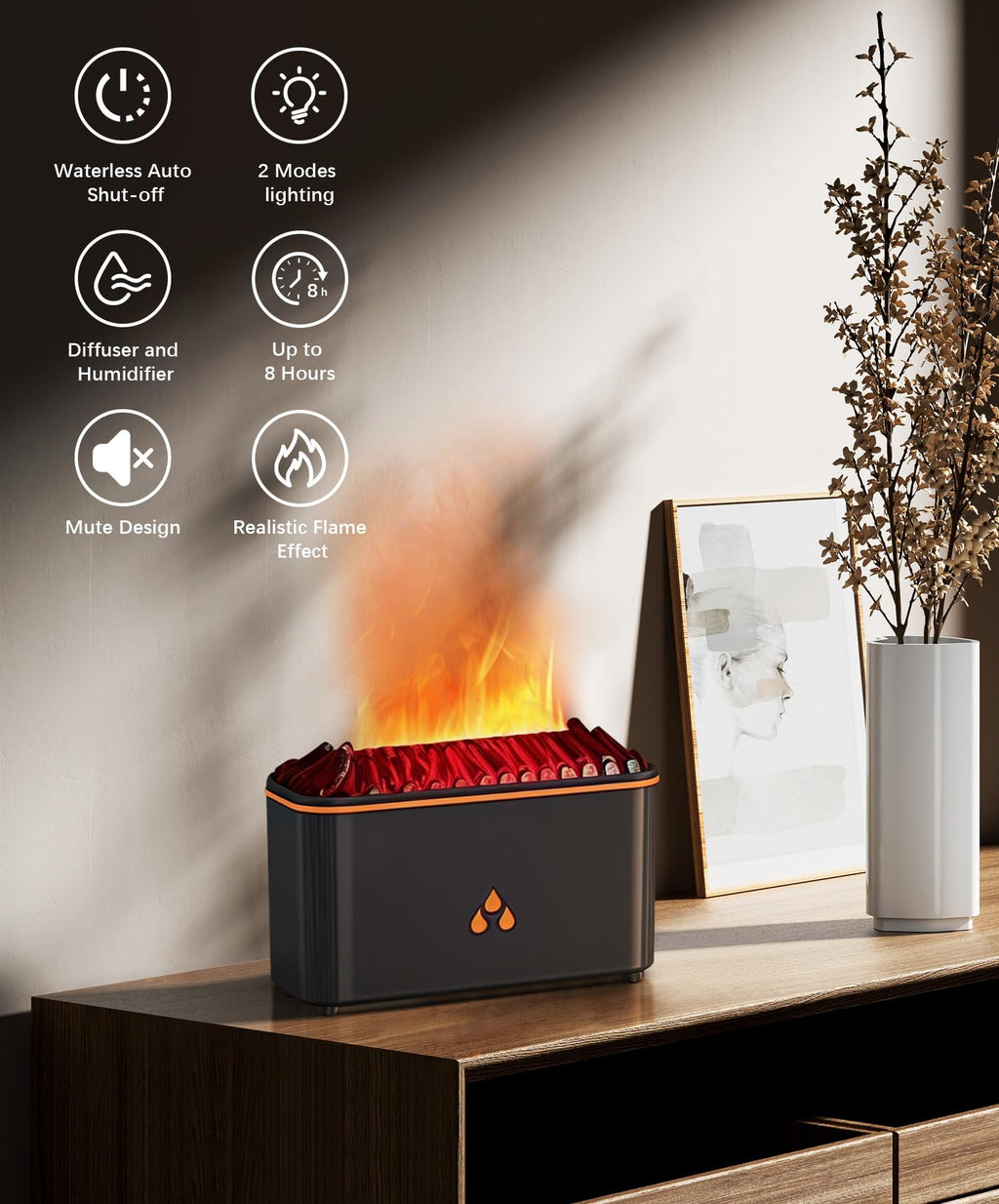 Essential Oil Diffuser with Flame Effect - 7-Color Lights, Auto Shut-Off (Black)