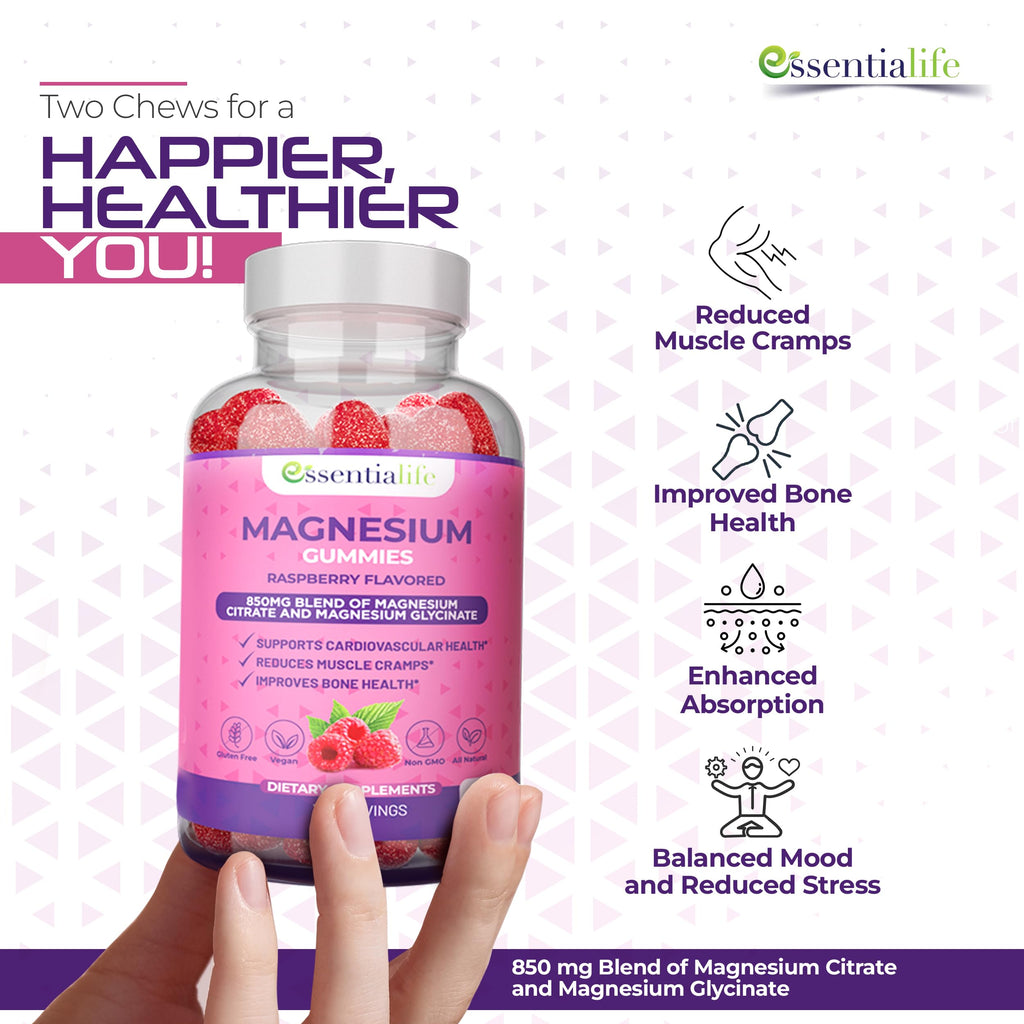 Magnesium Gummies 2 Packs – Essentialife 100mg Mg per Serving | Citrate & Glycinate