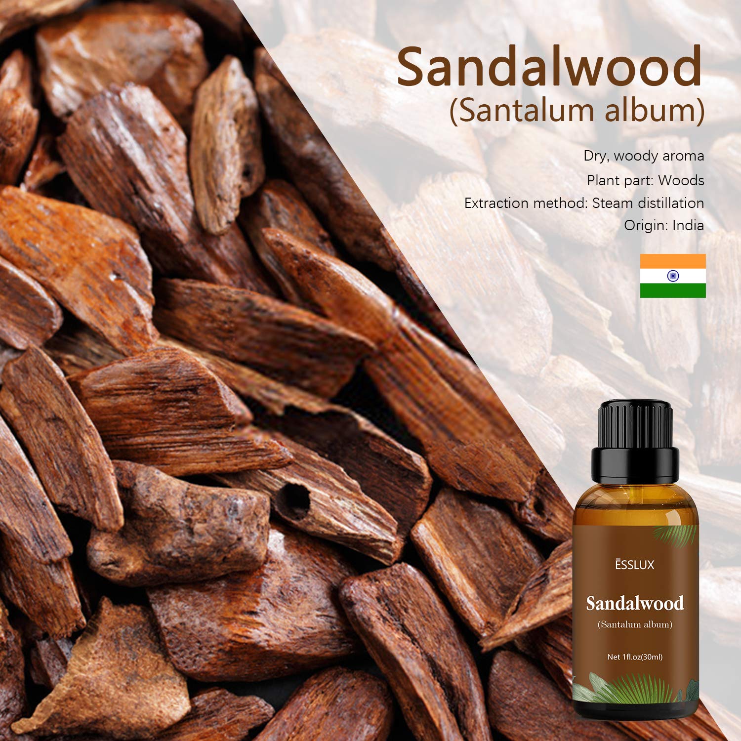 Sandalwood Essential Oil (30 ml) - ESSLUX Aromatherapy | Steam-Distilled Santalum album