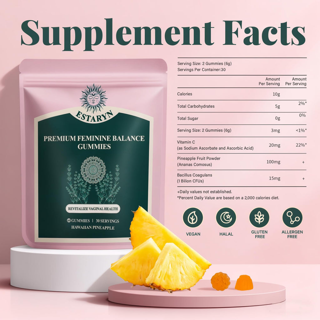 Estaryn Feminine Balance Gummies – Immune Support & pH Balance | Vegan, Gluten Free | Hawaiian Pineapple (60 Gummies, 30 Servings)