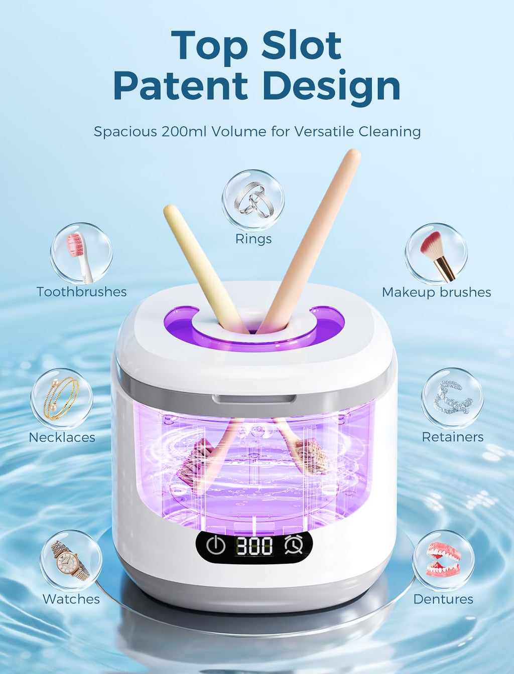 Estefanlo Ultrasonic Retainer Cleaner - 45kHz, LED Auto Timer, 200ml, 3 Modes for Dentures, Aligners & Mouth Guards