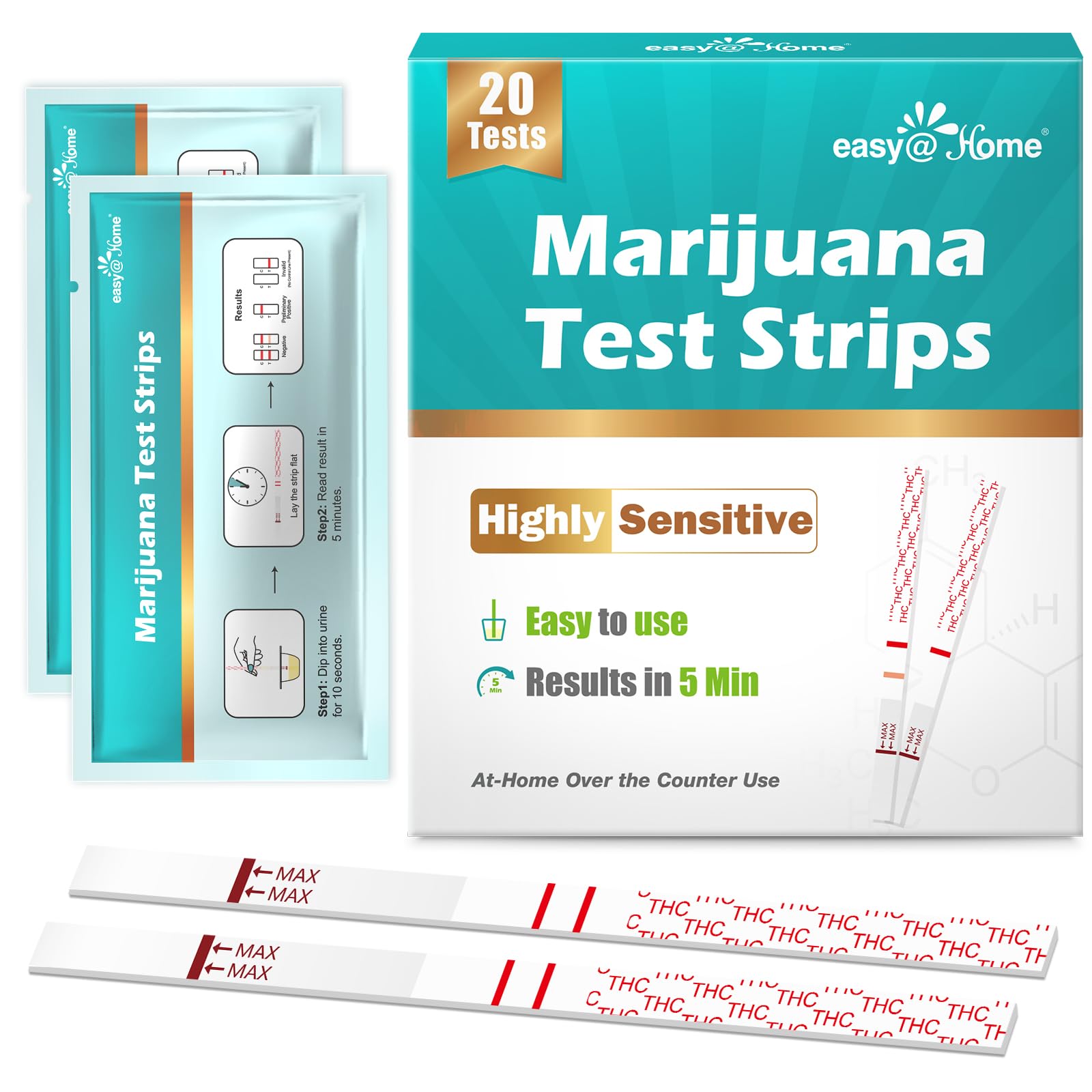 Easy@Home THC Urine Test Strips – 50 ng/mL Cutoff, 20 Strips, 5-Minute Results (ESTH-115)