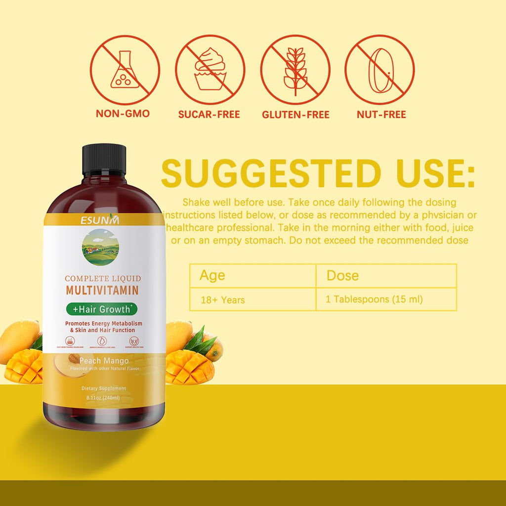 ESUNM Complete Liquid Multivitamin + Hair Growth, Promotes Energy Metabolism & Skin and Hair Function | Vitamin C & D | B Vitamins | Help to Thicker Hair, Wrinkles, Fine Lines, Skin Care