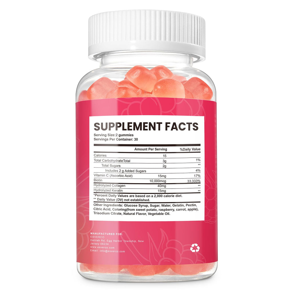 Esverco Biotin 10000mcg Keratin Collagen Gummies – Hair & Nails Support