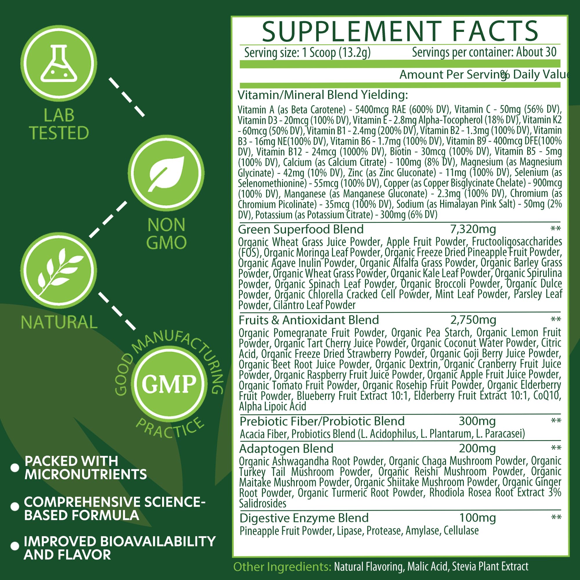 ETANATURE 50 Super Greens Powder - Vegan, Non-GMO Greens Superfood (30 Servings)