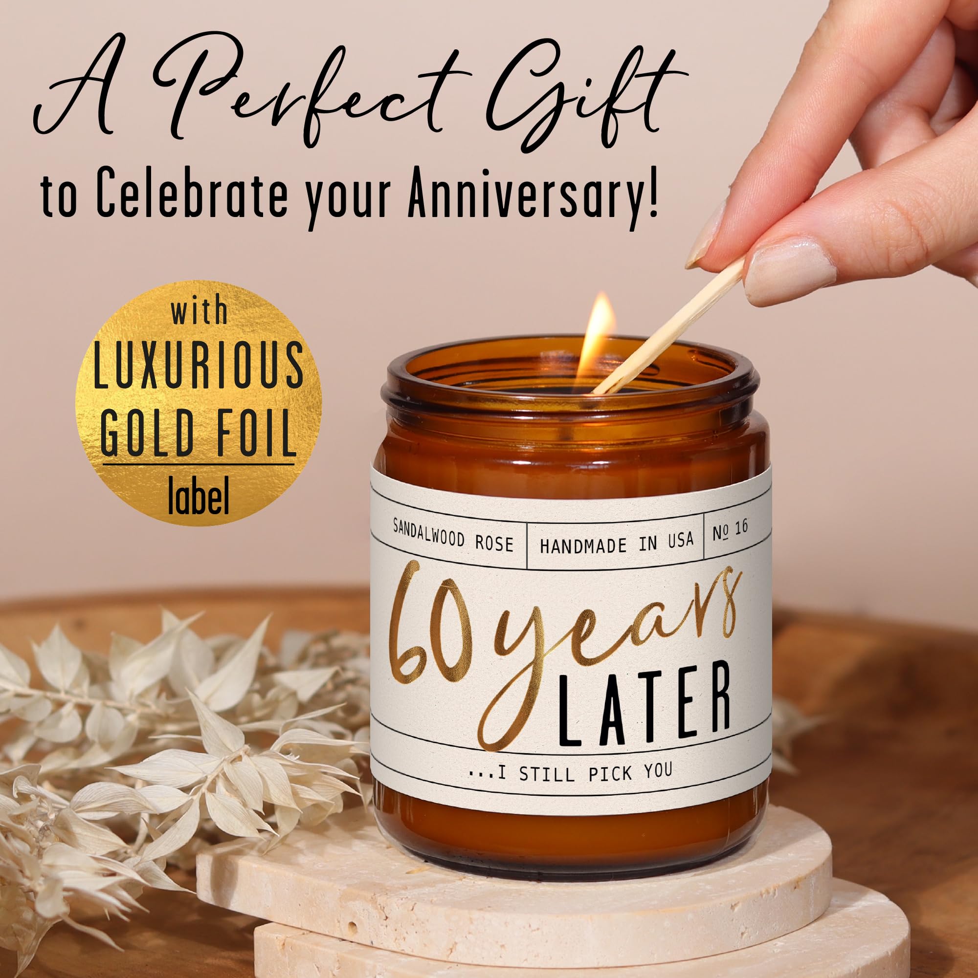 60th Anniversary Gifts – 60 Year Later Candle (Sandalwood Rose) – USA Made