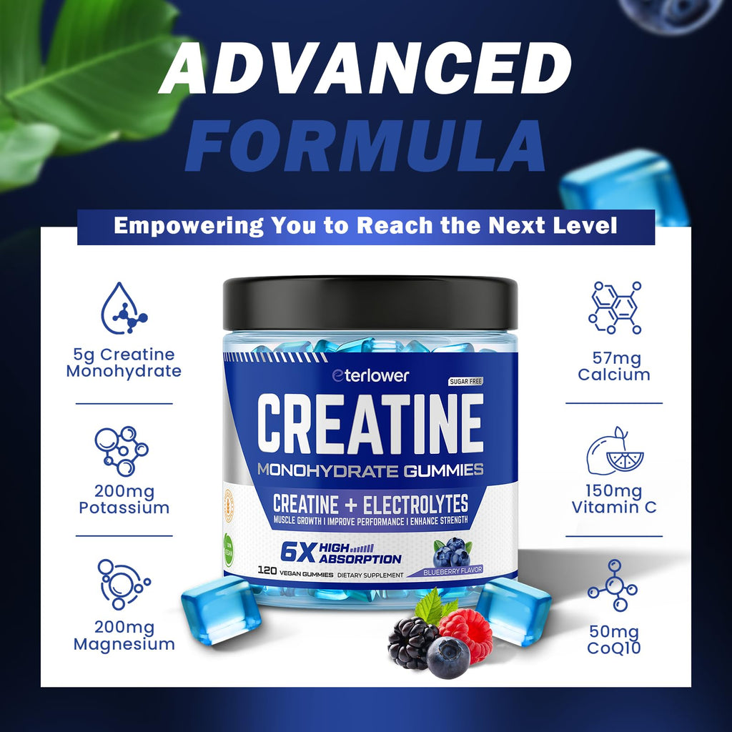 eterlower Creatine Monohydrate Gummies 5g – Blueberry, Sugar Free & Vegan | 120 Count