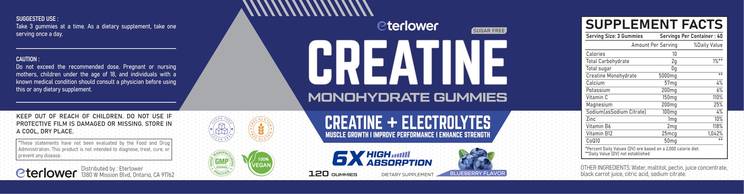 eterlower Creatine Monohydrate Gummies 5g – Blueberry, Sugar Free & Vegan | 120 Count