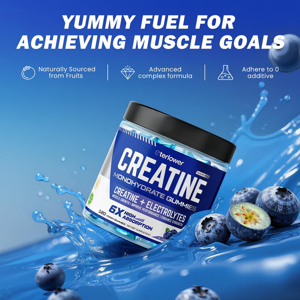 eterlower Creatine Monohydrate Gummies 5g – Blueberry, Sugar Free & Vegan | 120 Count