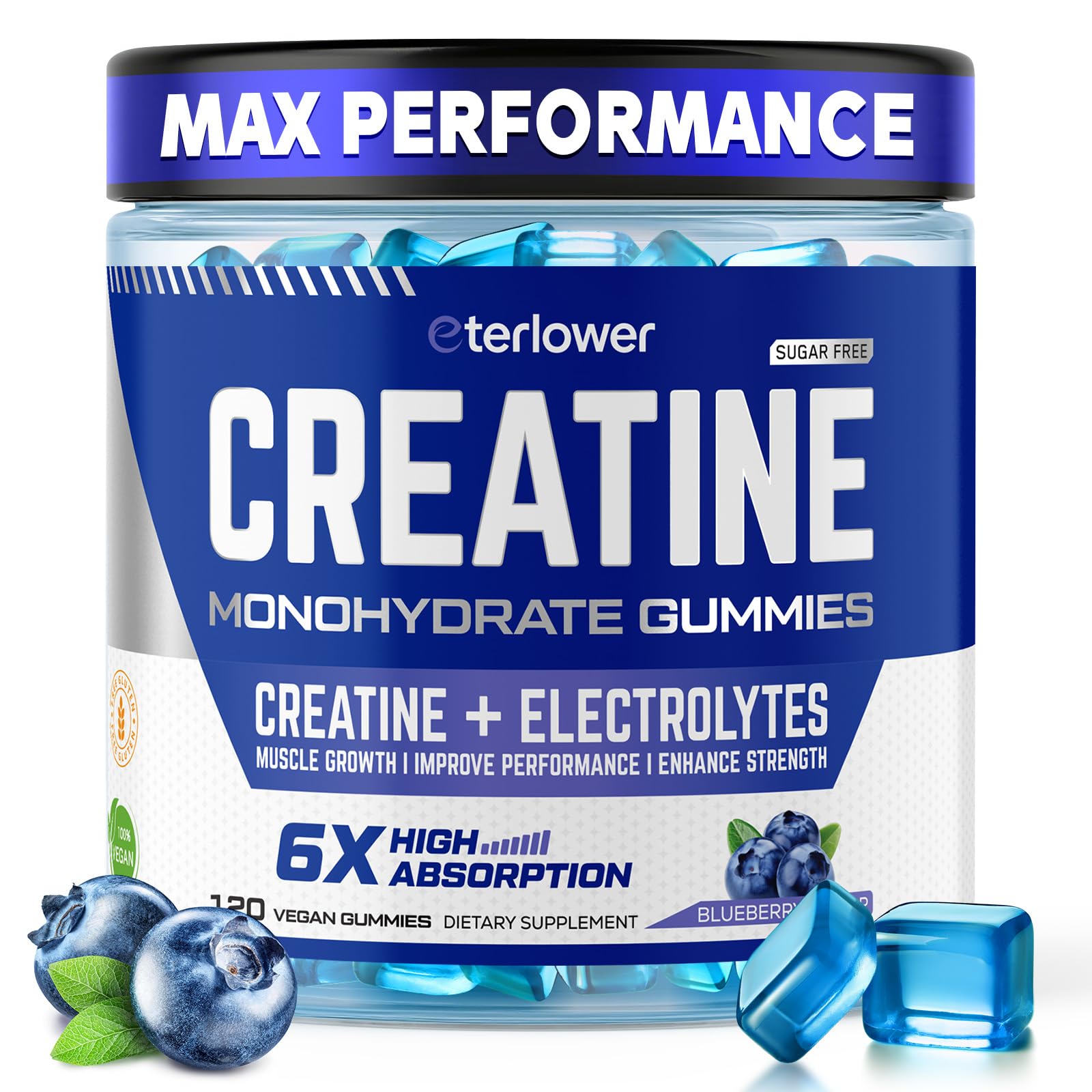 eterlower Creatine Monohydrate Gummies 5g – Blueberry, Sugar Free & Vegan | 120 Count