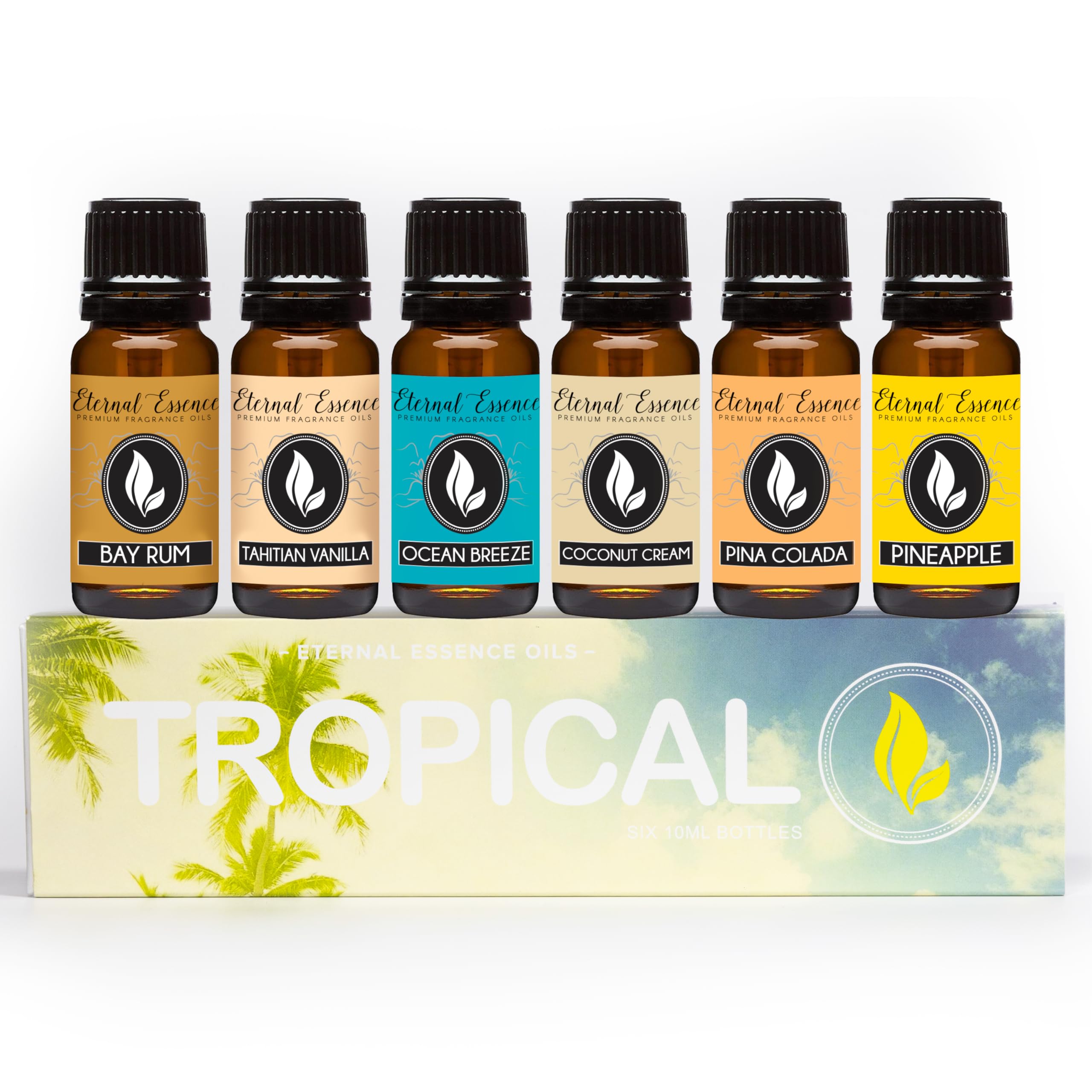 Eternal Essence Oils Tropical Set – 6 x 10ml Fragrance Oils (Coconut Cream, Bay Rum, Pina Colada, Tahitian Vanilla, Ocean Breeze, Pineapple)
