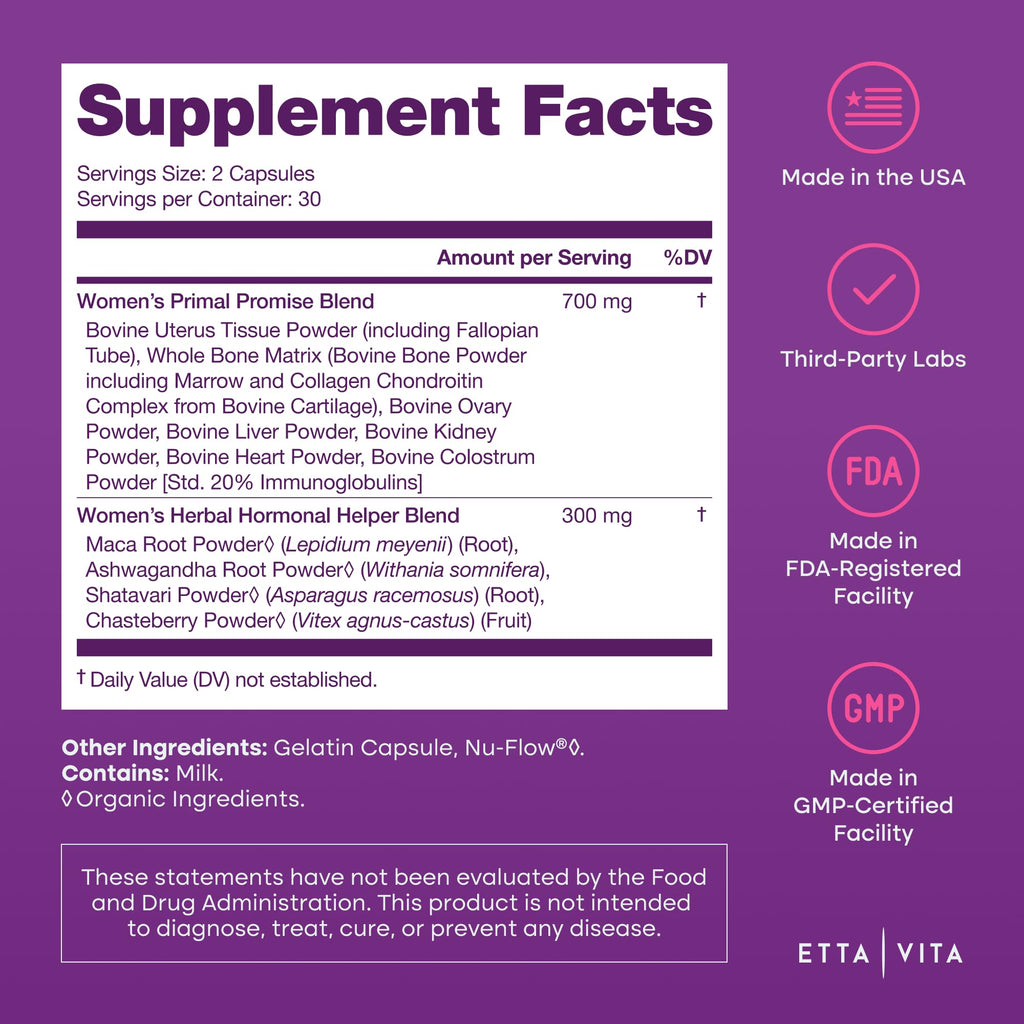 Etta Vita Women's Primal Beef Organ Supplement - 60 Capsules