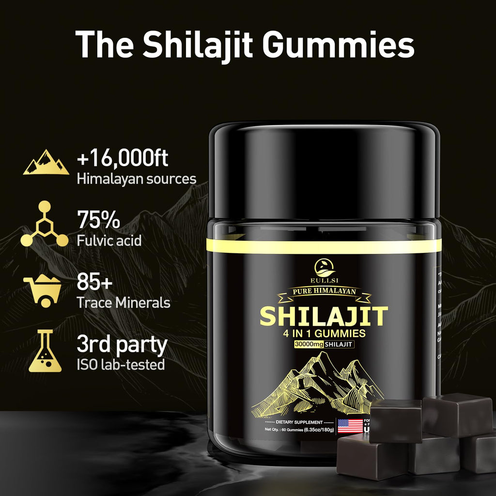 Eullsi Pure Himalayan Shilajit Gummies + Ashwagandha for Energy, Stamina & Immune Support | Vegan Non-GMO, 180 Count