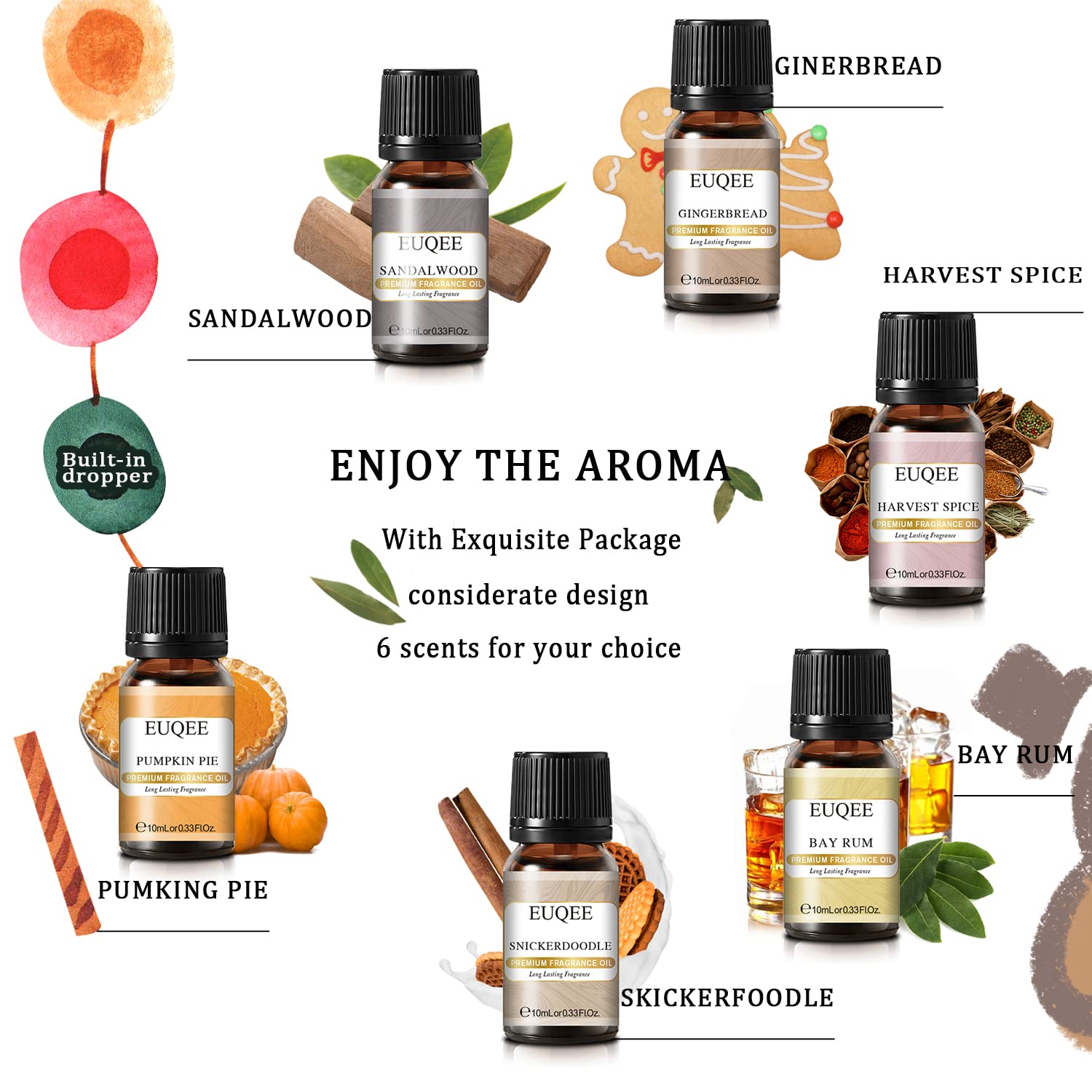 EUQEE 6PCS Spice Autumn Fragrance Oils Set | 6x10ml for Candles & Diffusers